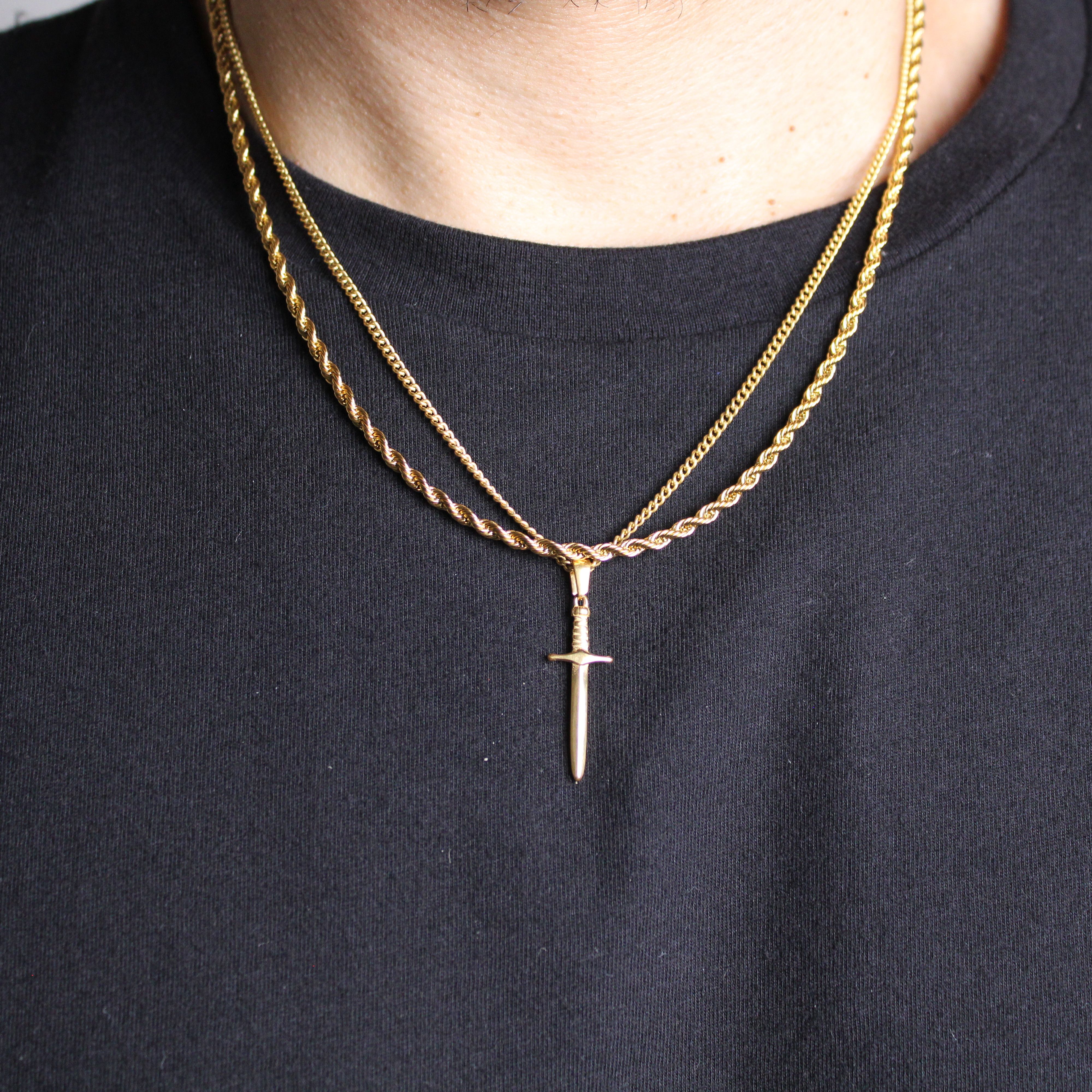 Jewelry Gold Dagger Pendant Necklace & 3Mm Rope Chain Set, Men's