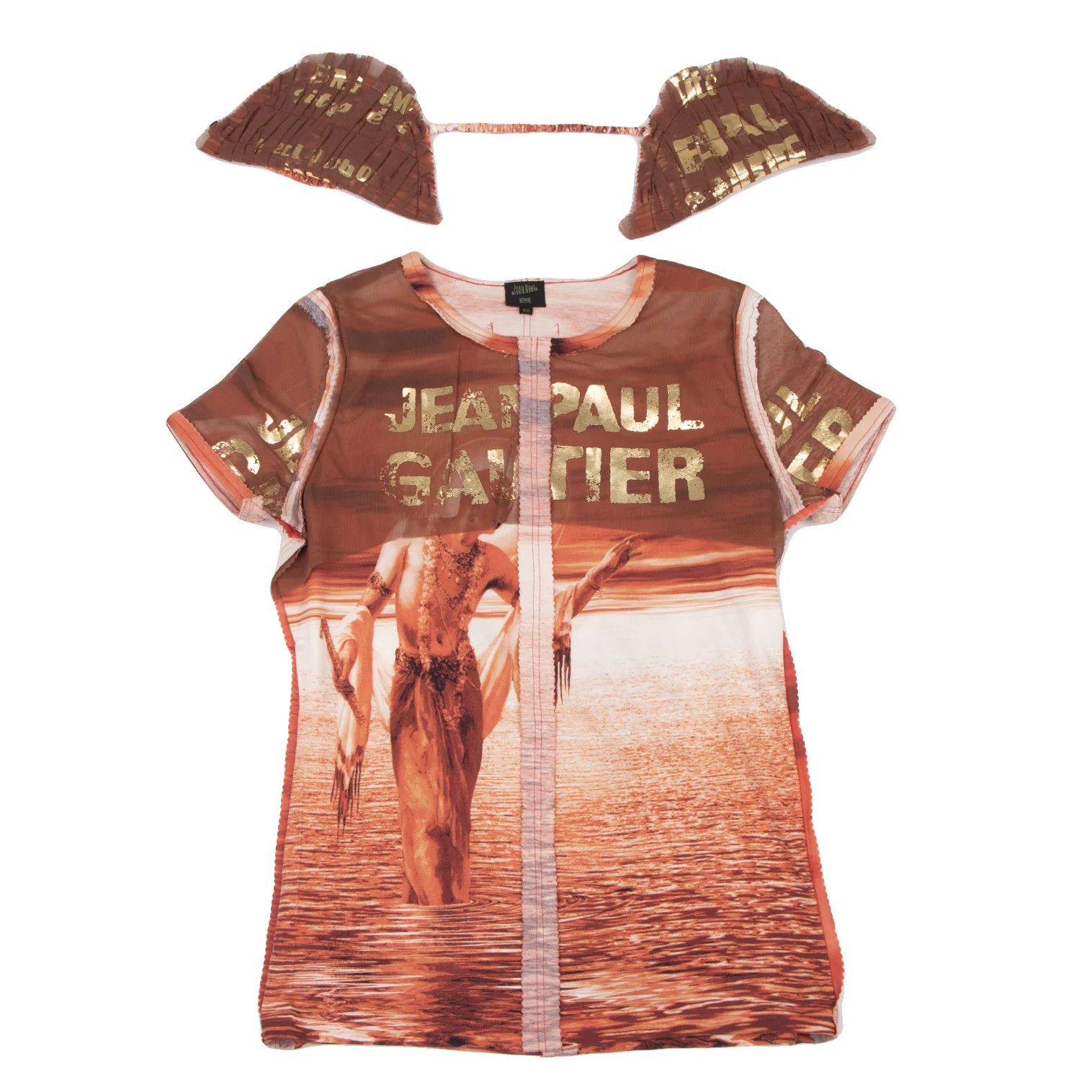 Jean Paul Gaultier Shoulder Pad Pinked Cut T-Shirt in Orange and White Size US M / EU 48-50 / 2 - 1 Thumbnail