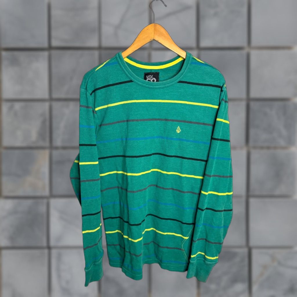 Volcom Volcom T-Shirt Thermal Long Sleeve Striped Waffle Knit Skull Vintage XL Green Mens Size US XL / EU 56 / 4 - 1 Thumbnail