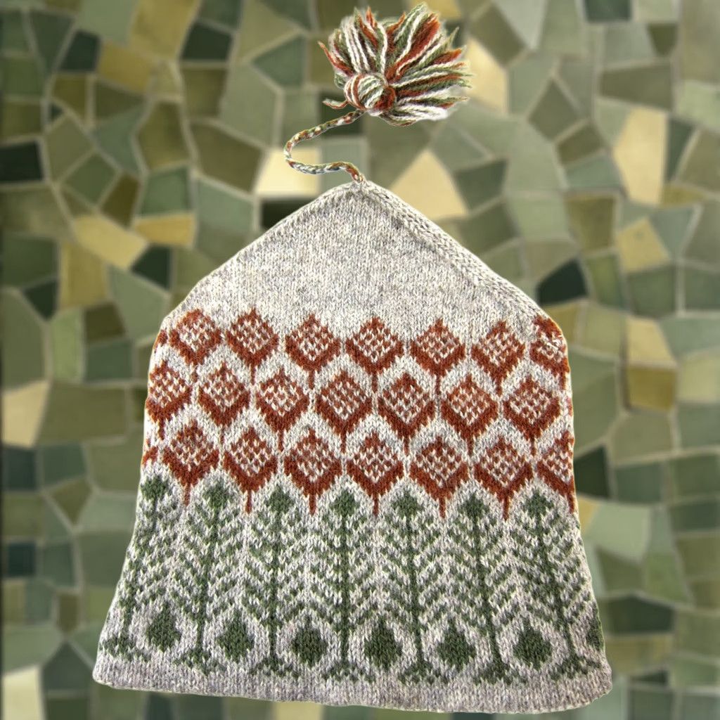 Vintage VINTAGE Beanie Hat One Size Wool Grey Orange Green Tree Pine Cone 100% Wool Hat Womens Vintage Style Size ONE SIZE - 1 Thumbnail