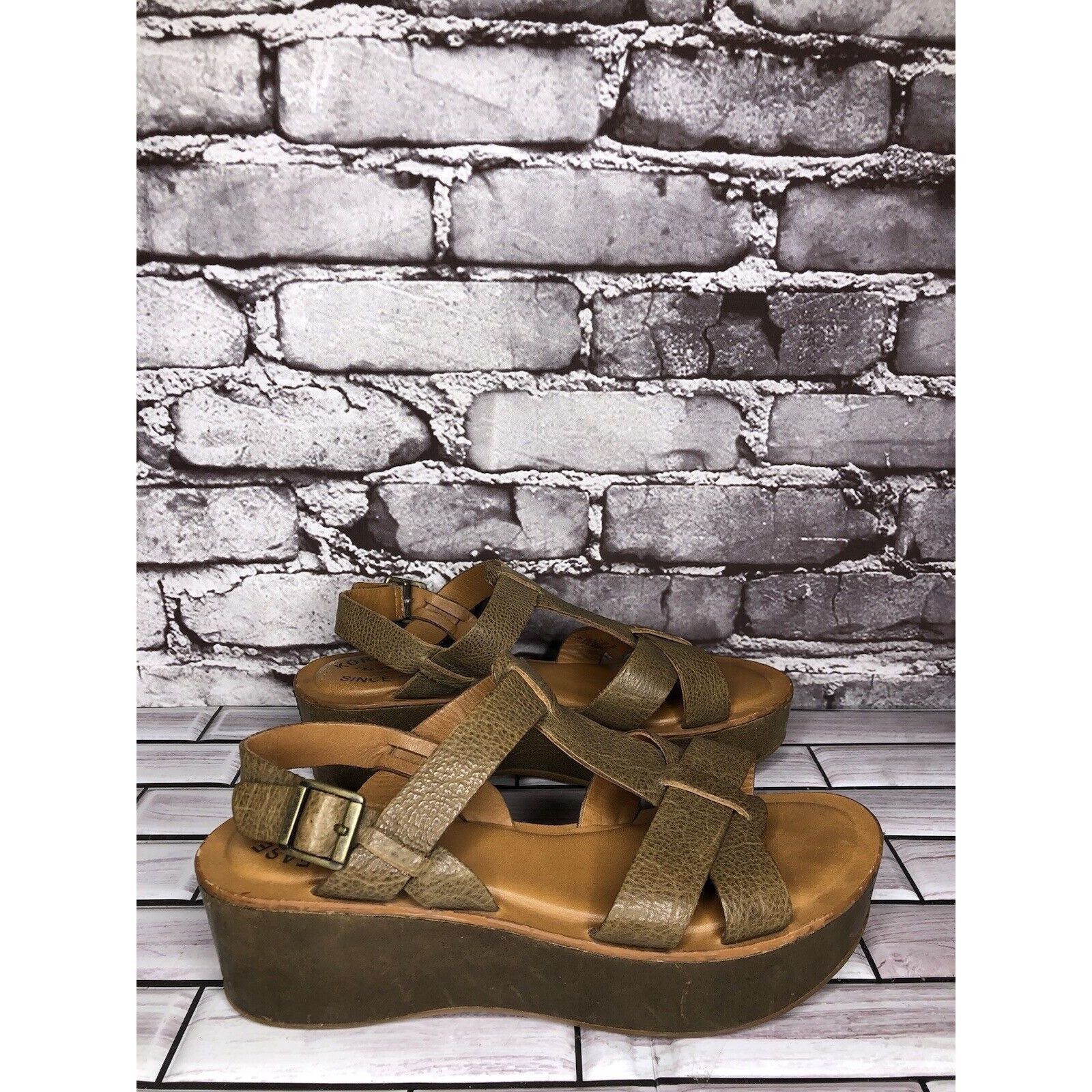 Other Kork-Ease Olive Green Leather Platform Wedge Ankle Strap San Size US 6 / IT 36 - 12 Thumbnail