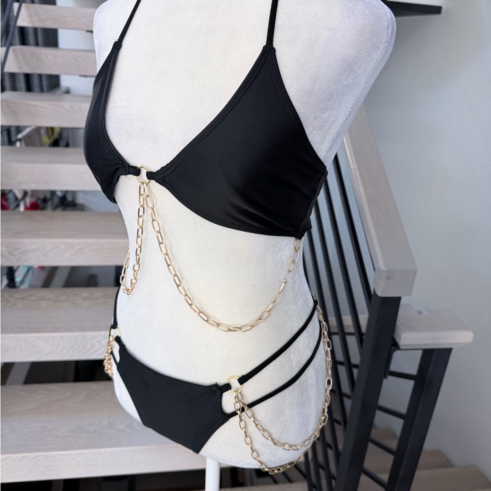Other New Y2K Black Swimsuit Bikini with Gold Chain Accents size S Size ONE SIZE - 7 Thumbnail