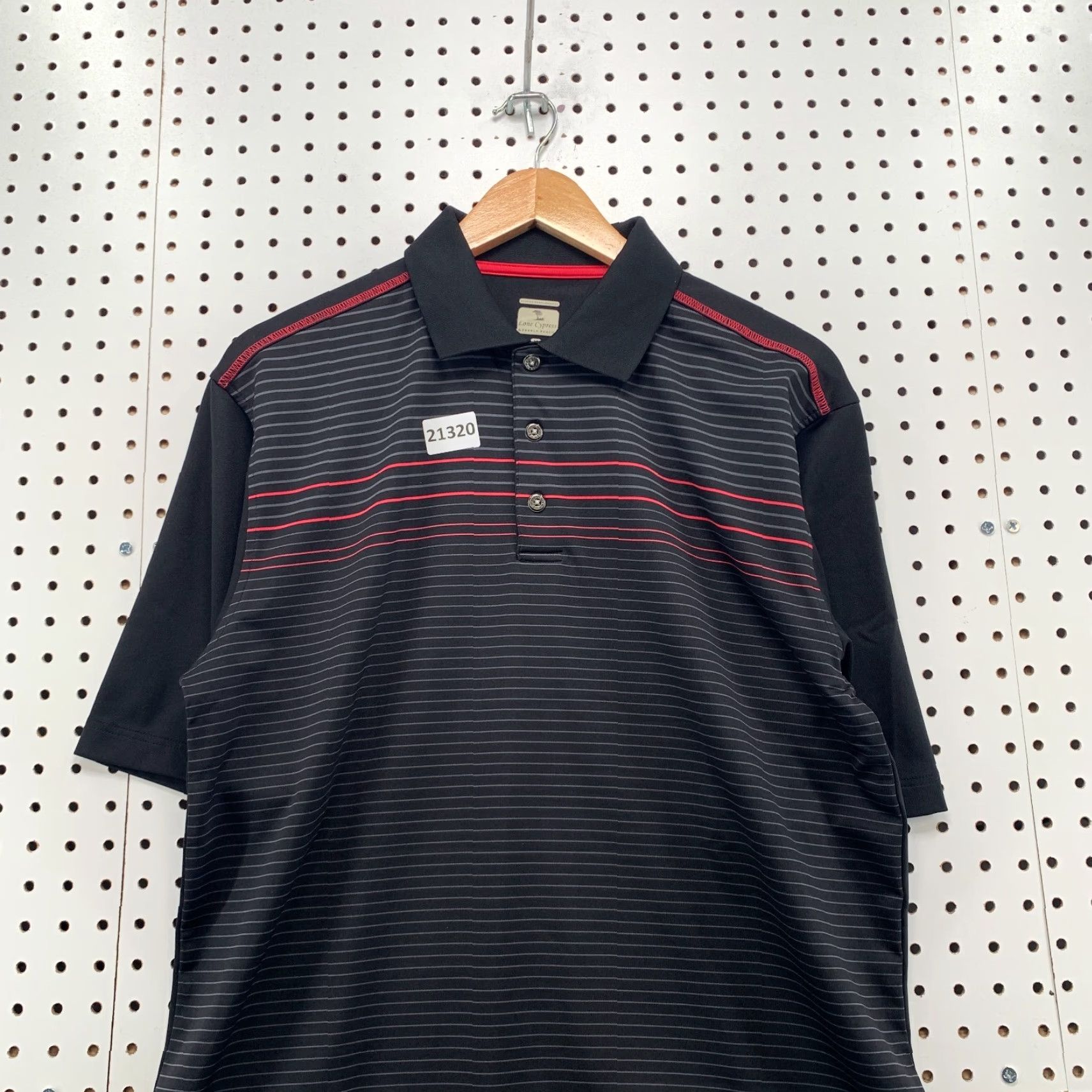 Vintage Pebble Beach Lone Cypress Performance Polo Shirt – Striped Black Red, Mens Medium, Polo, Short Sleeve, Knit Blended Fabric, 90s-Event Style? Size US M / EU 48-50 / 2 - 7 Thumbnail
