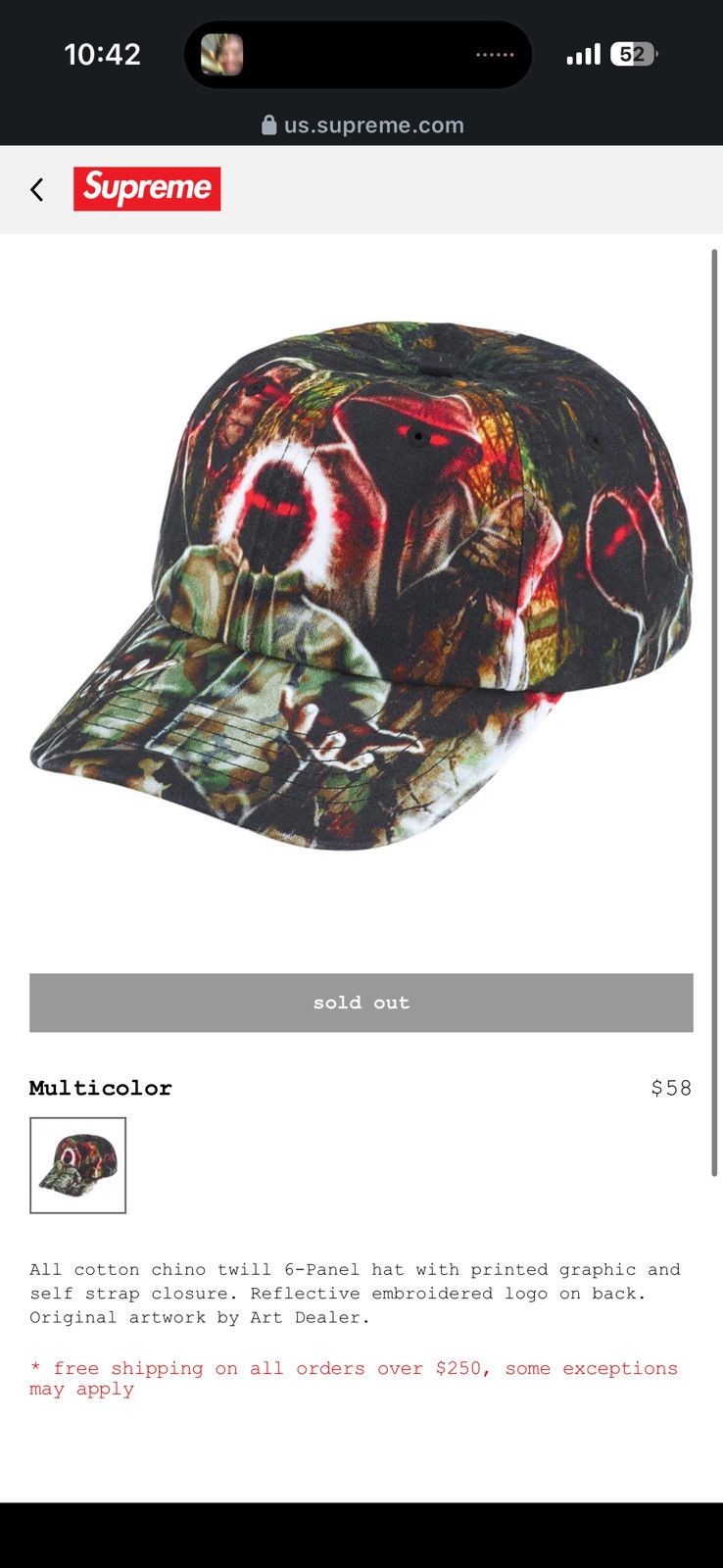 Supreme Supreme + Art Dealer Shadows 6-Panel Hat (BRAND NEW) Size ONE SIZE - 5 Thumbnail