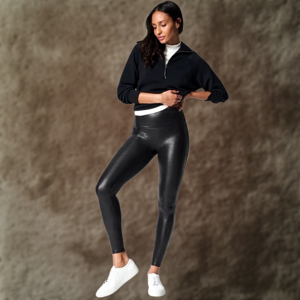 Spanx VINTAGE Spanx Faux Leather Black Power Waistband High Waist Leggings Womens S 2437 Size 28" / US 6 / IT 42 - 1 Thumbnail