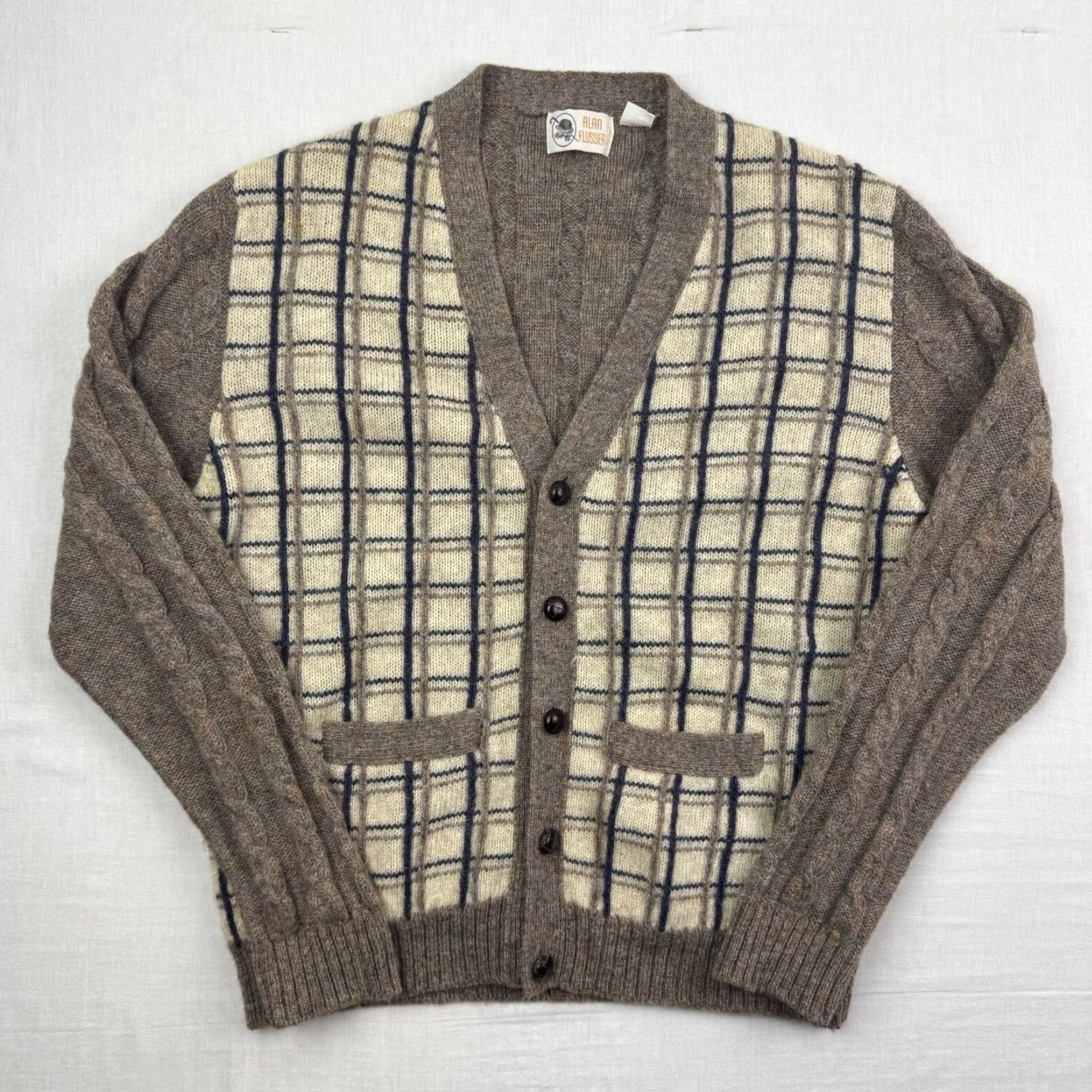Vintage VINTAGE Alan Flusser Cardigan Sweater Mens Large Brown Plaid Wool 80s 90s Size US L / EU 52-54 / 3 - 2 Thumbnail