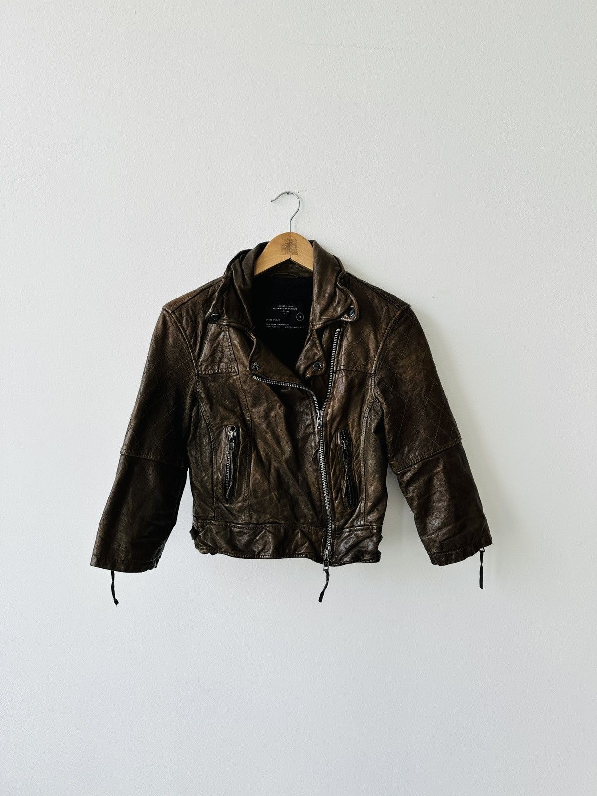 AllSaints Spitalfields Biker Leather Jacket Brown - Size 10