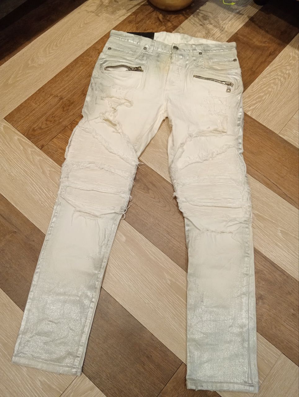 Balmain Balmain Paris Slim Metallic White Biker Jeans Size US 29 - 2 Thumbnail