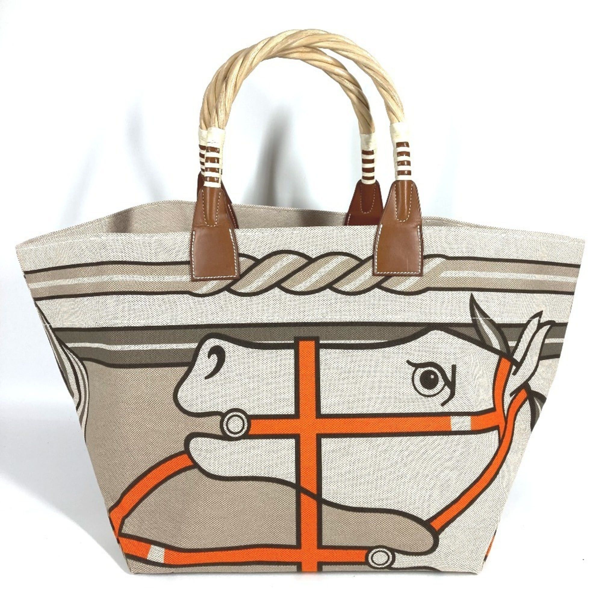 HERMES Steeple Large Tote Bag Shoulder Leather and Canvas Women's Beige