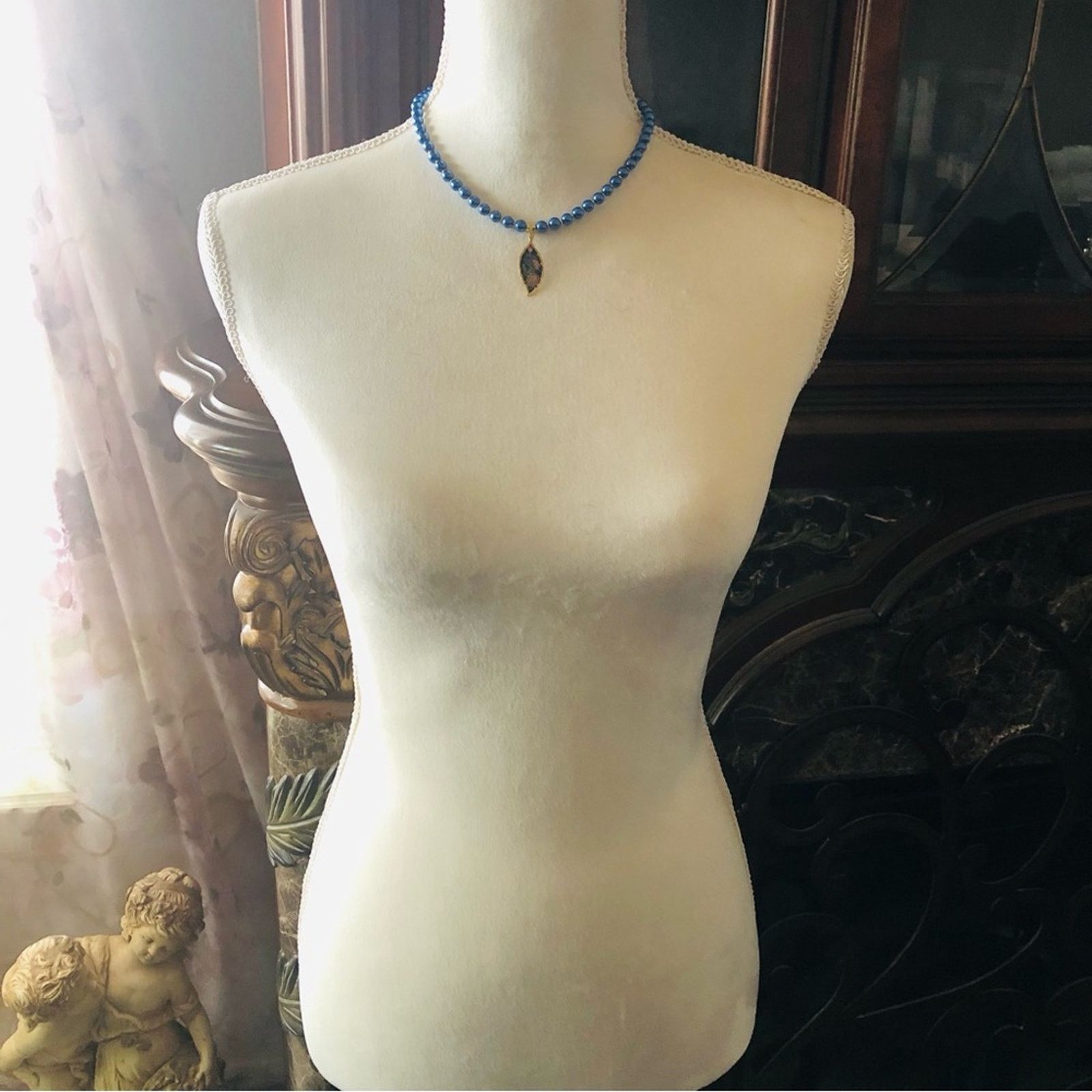 Handmade Handcrafted repurpose blue cloisonné pendant Pearl necklac Size ONE SIZE - 6 Thumbnail