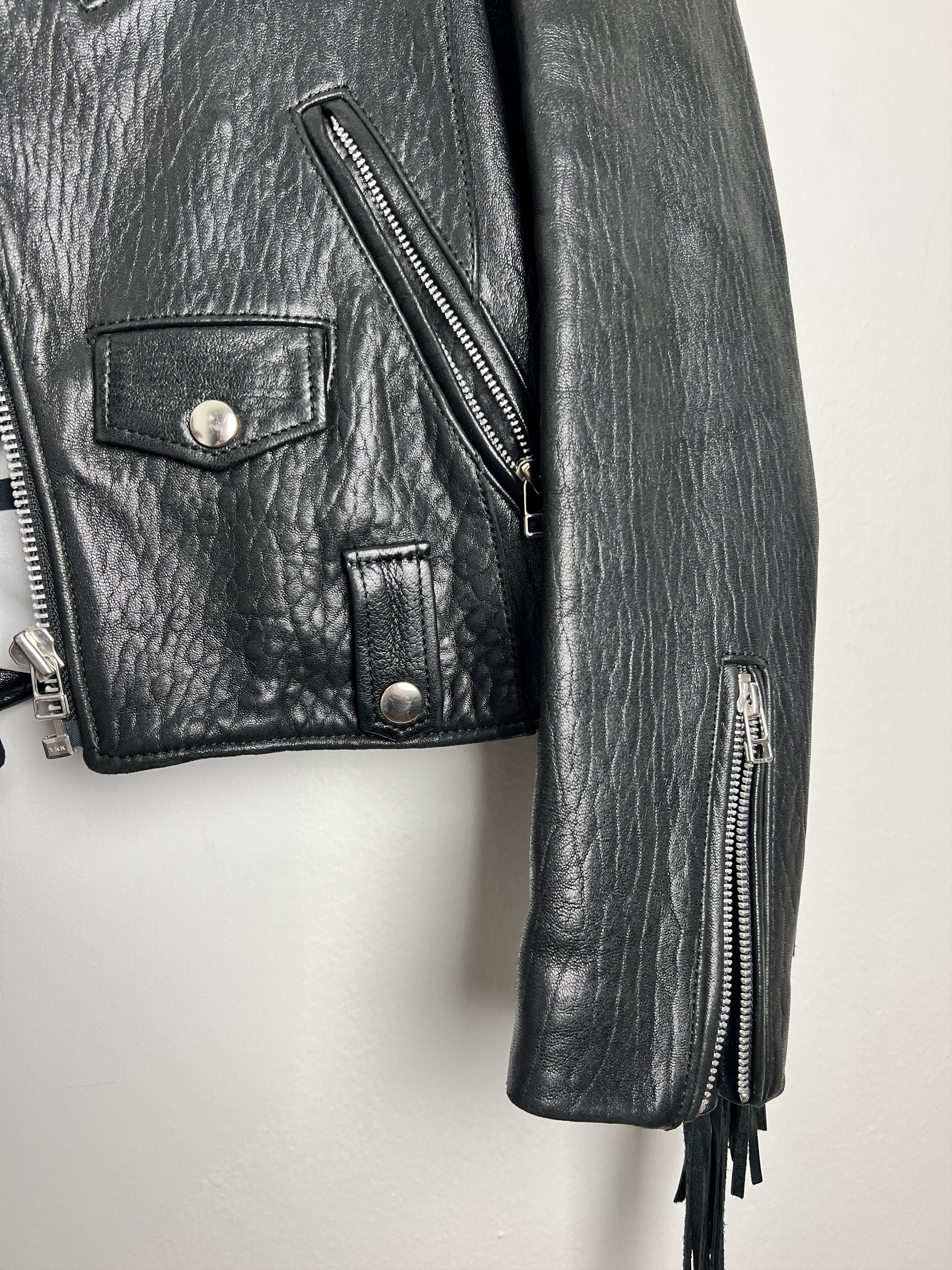 EACH x OTHER Black Pebble Grain Fringe Leather Biker Jacket Size XS / US 0-2 / IT 36-38 - 3 Thumbnail