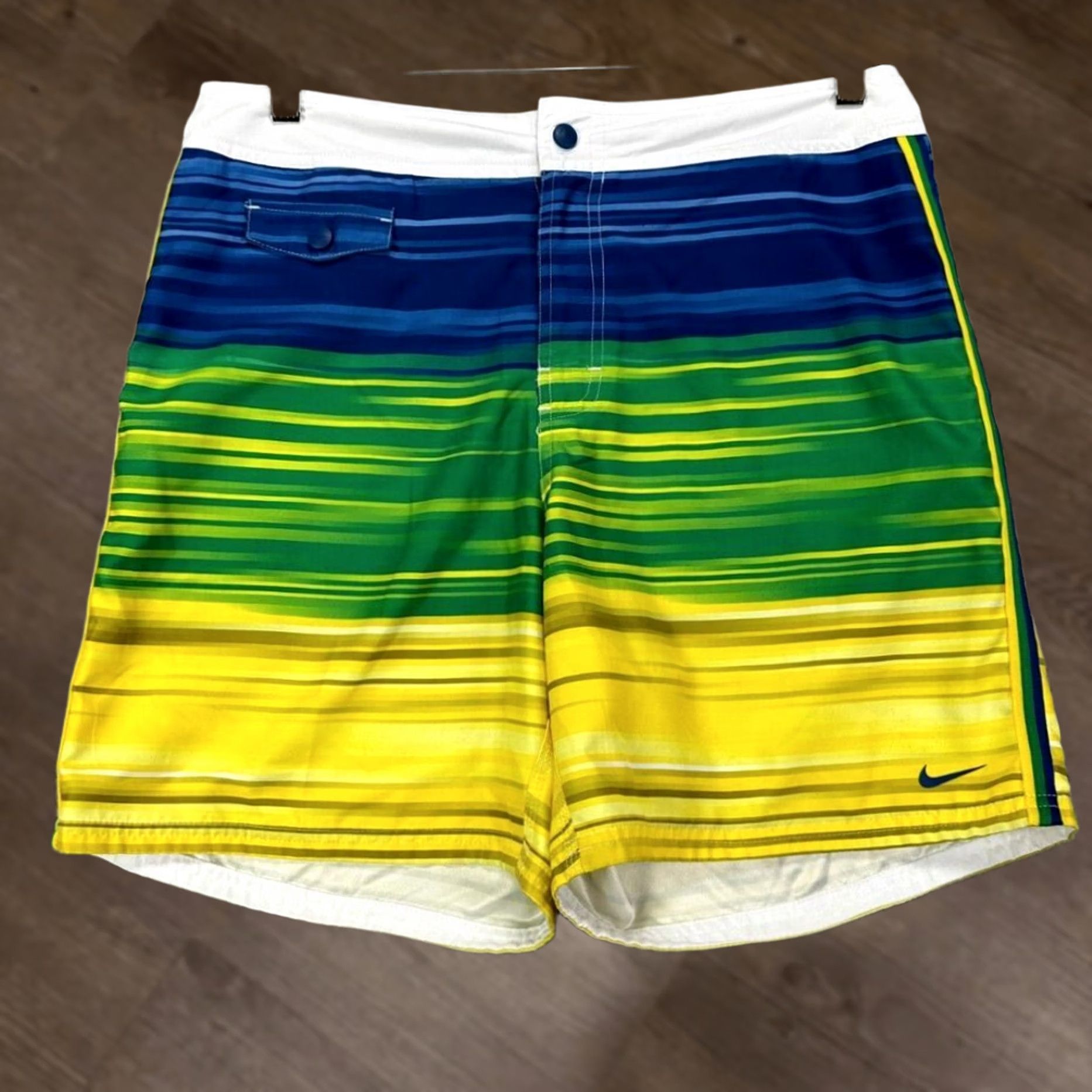 Nike Nike Swim Trunks Mens 34 Board Shorts Striped Green/Blue Beach Surfing Lightweight Pockets Size US 29 - 1 Thumbnail