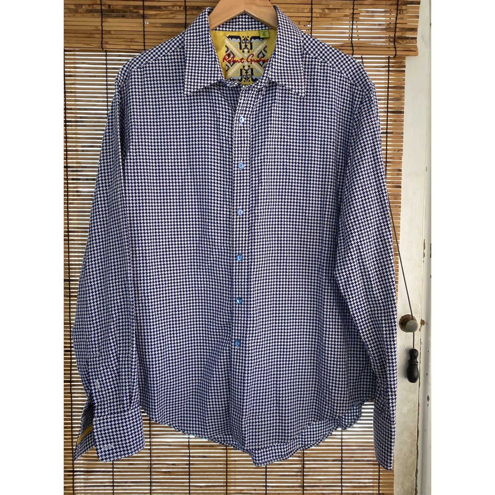 Robert Graham VINTAGE Robert Graham Button-Up Dress Shirt Mens Large L Blue White Houndstooth Check Size 42R - 2 Thumbnail