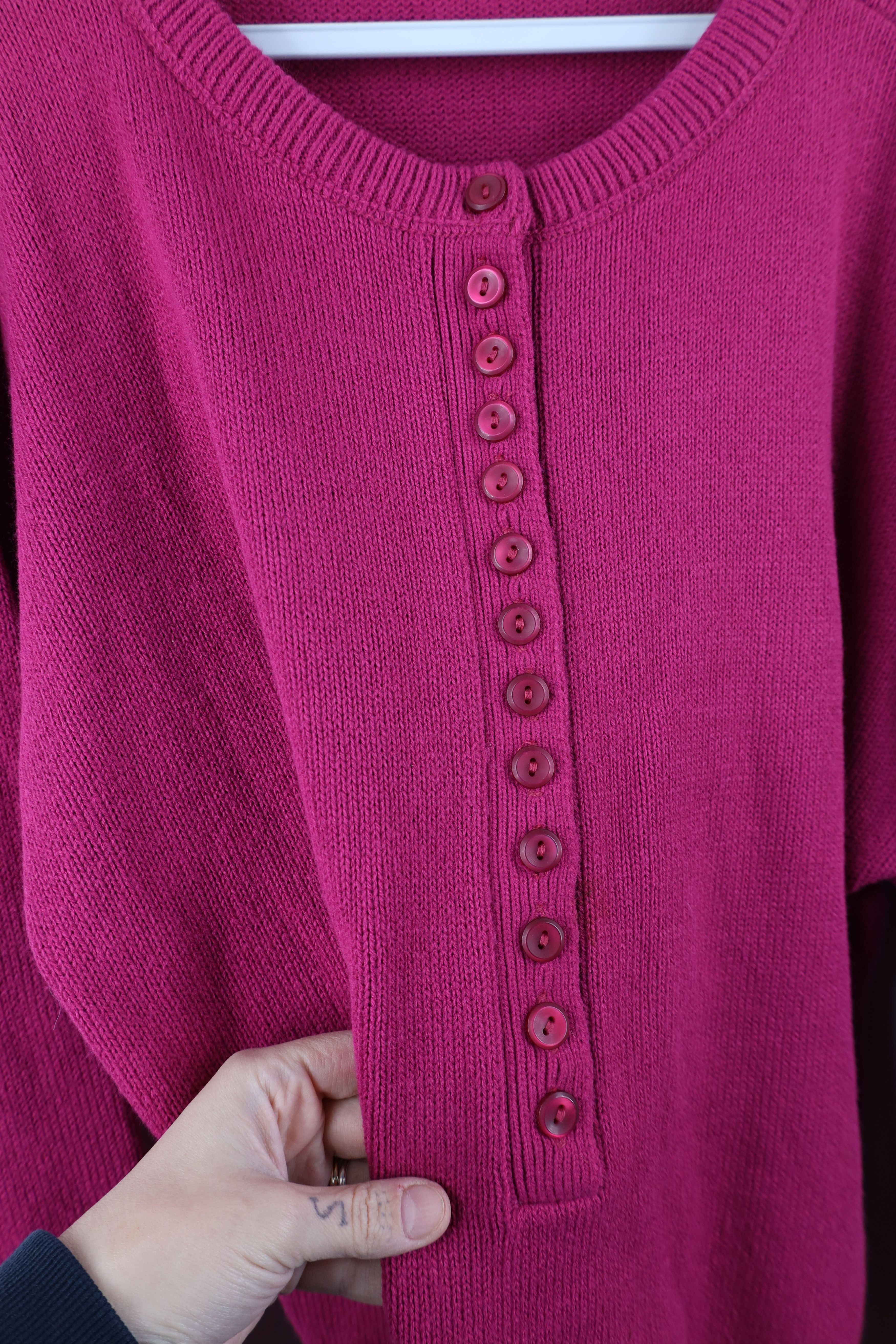 Vintage Vintage 90s Streetwear Ribbed Knit Henley Sweater Magenta Size L / US 10 / IT 46 - 4 Thumbnail