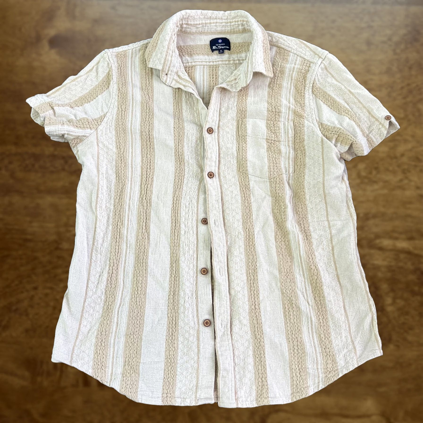 Ben Sherman Ben Sherman Shirt Mens XL Beige Tan Textured Stripe Short Sleeve Button Up Top Size US XL / EU 56 / 4 - 1 Thumbnail