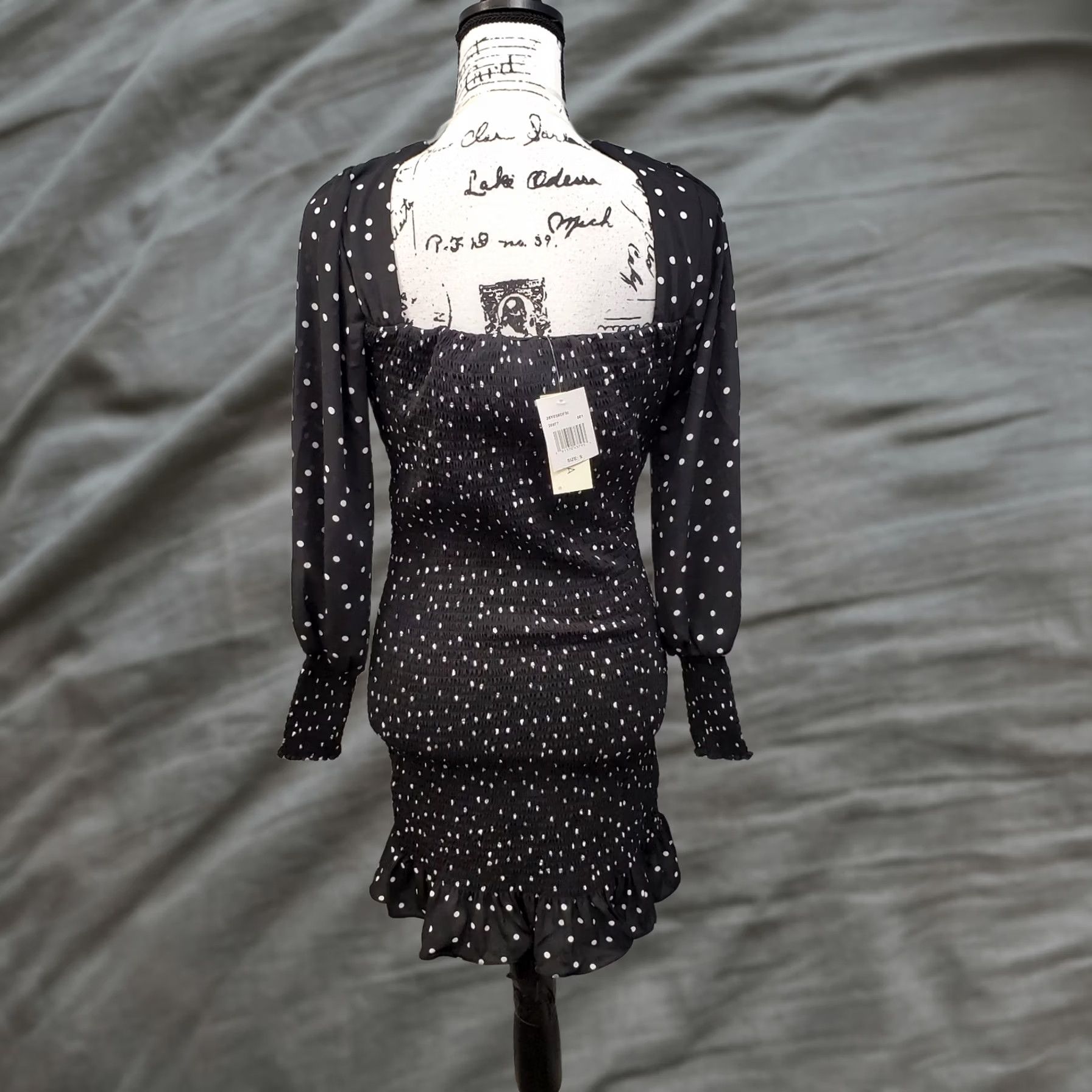 Vintage Row A Mini Dress Womens Small Black White Polka Dot Smocked Square Neck Tie Front Dress Size S / US 4 / IT 40 - 1 Thumbnail