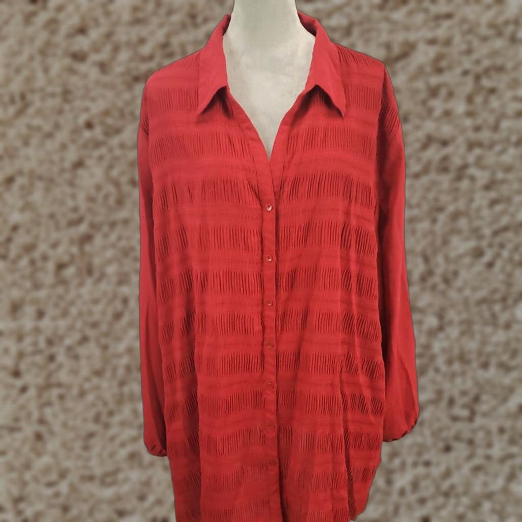 Vintage Maggie Barnes Top Women’s 32W Red Button Up Pleated Textured Tunic Blouse Size XXS / US 00 / IT 34 - 1 Thumbnail