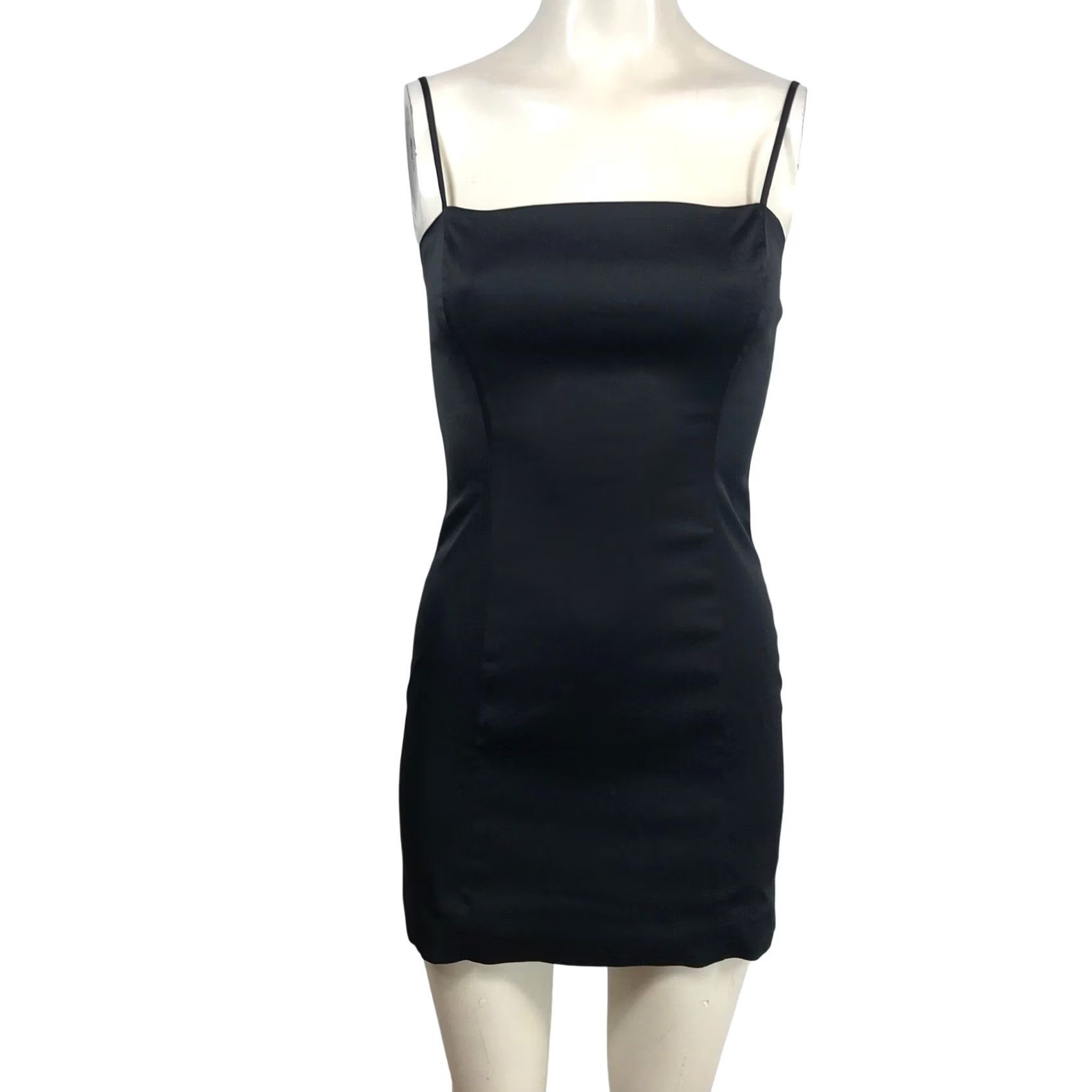 Vintage Sunday Best Aritzia Black Satin Square Neck Mini Bodycon Dress Size 2 90s Rock Party Cocktail Formal Sleeveless Zip Back Womens Size XS / US 0-2 / IT 36-38 - 2 Thumbnail