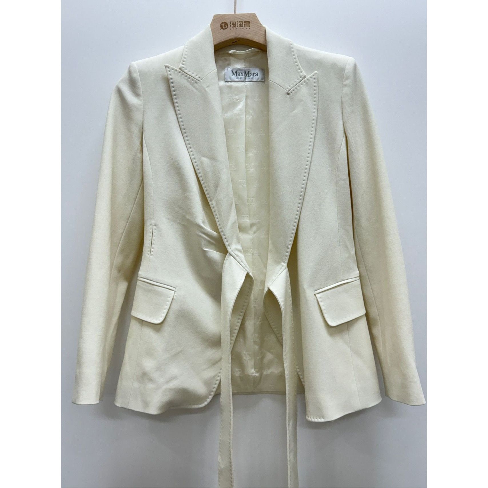 Max Mara MaxMara Beige Wool Long-Sleeve Lapel Ribbon Suit Jacket XS S Size XS / US 0-2 / IT 36-38 - 7 Thumbnail