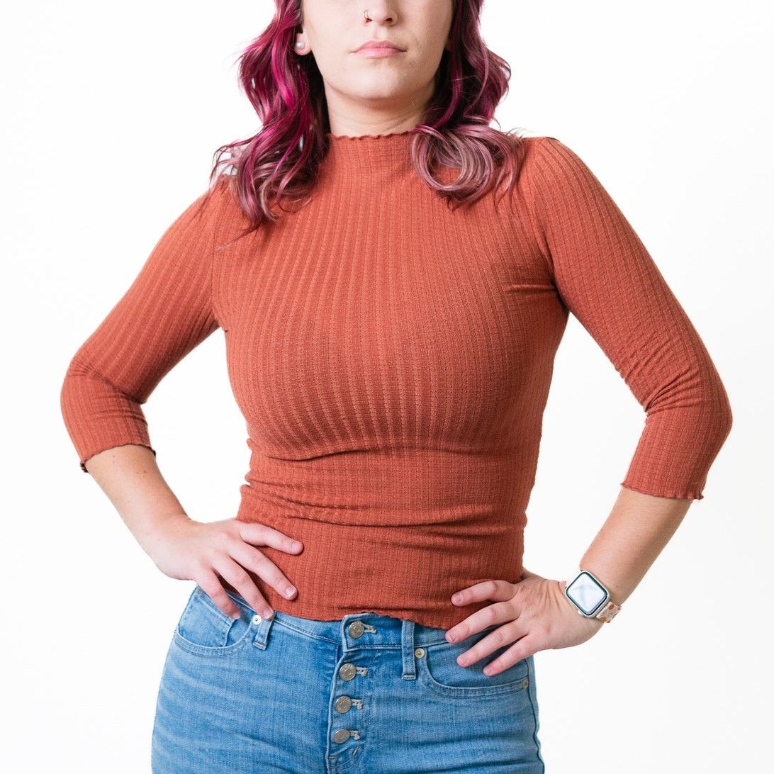 Designer Salmon Frilly Hem Ribbed 3/4 Sleeve Top Size S / US 4 / IT 40 - 4 Thumbnail