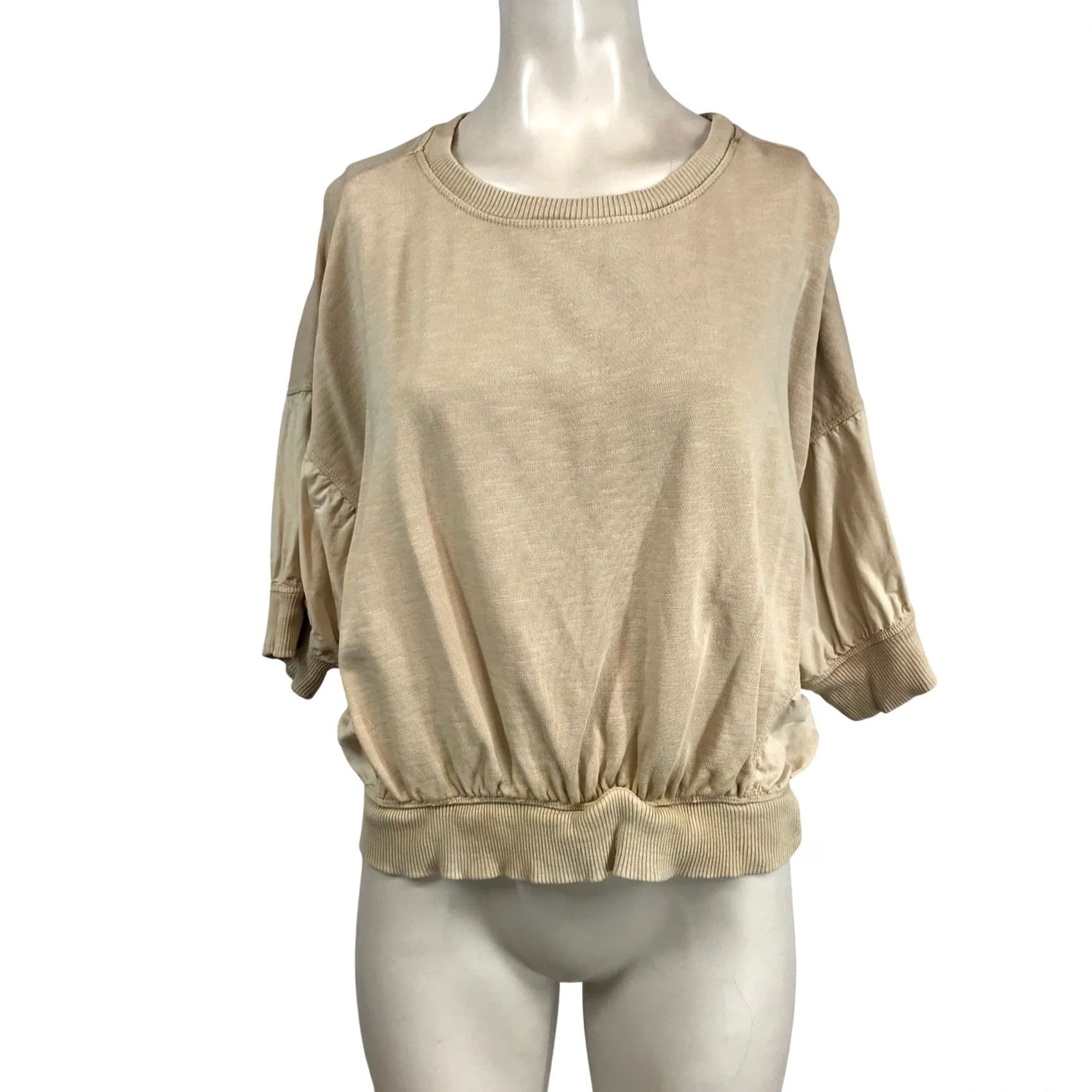 Vintage Pilcro and the Letterpress Sweatshirt M Beige Puff Sleeve Crew Neck Bubble Hem Knit Mixed Media Casual Womens Size M / US 6-8 / IT 42-44 - 2 Thumbnail