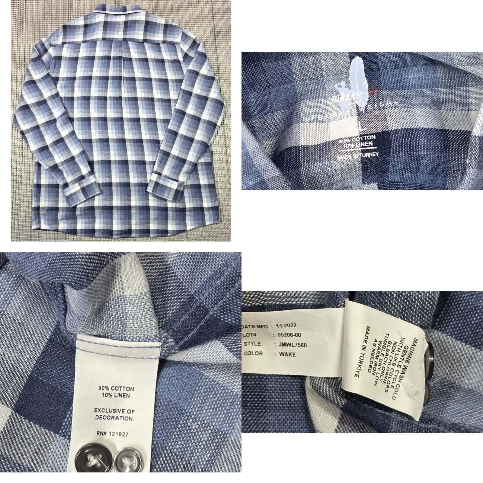 johnnie-O johnnie-O Mens Shirt XL Linen Blend Button-Up Shadow Plaid Roth Size US XL / EU 56 / 4 - 8 Thumbnail