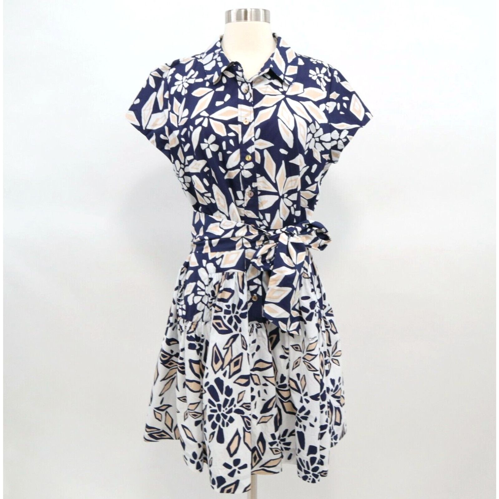 Image of Diane Von Furstenberg Dvf Shirt Dress Womens Scarlet Floral Blue White Tie Waist Pleated A-Line Siz