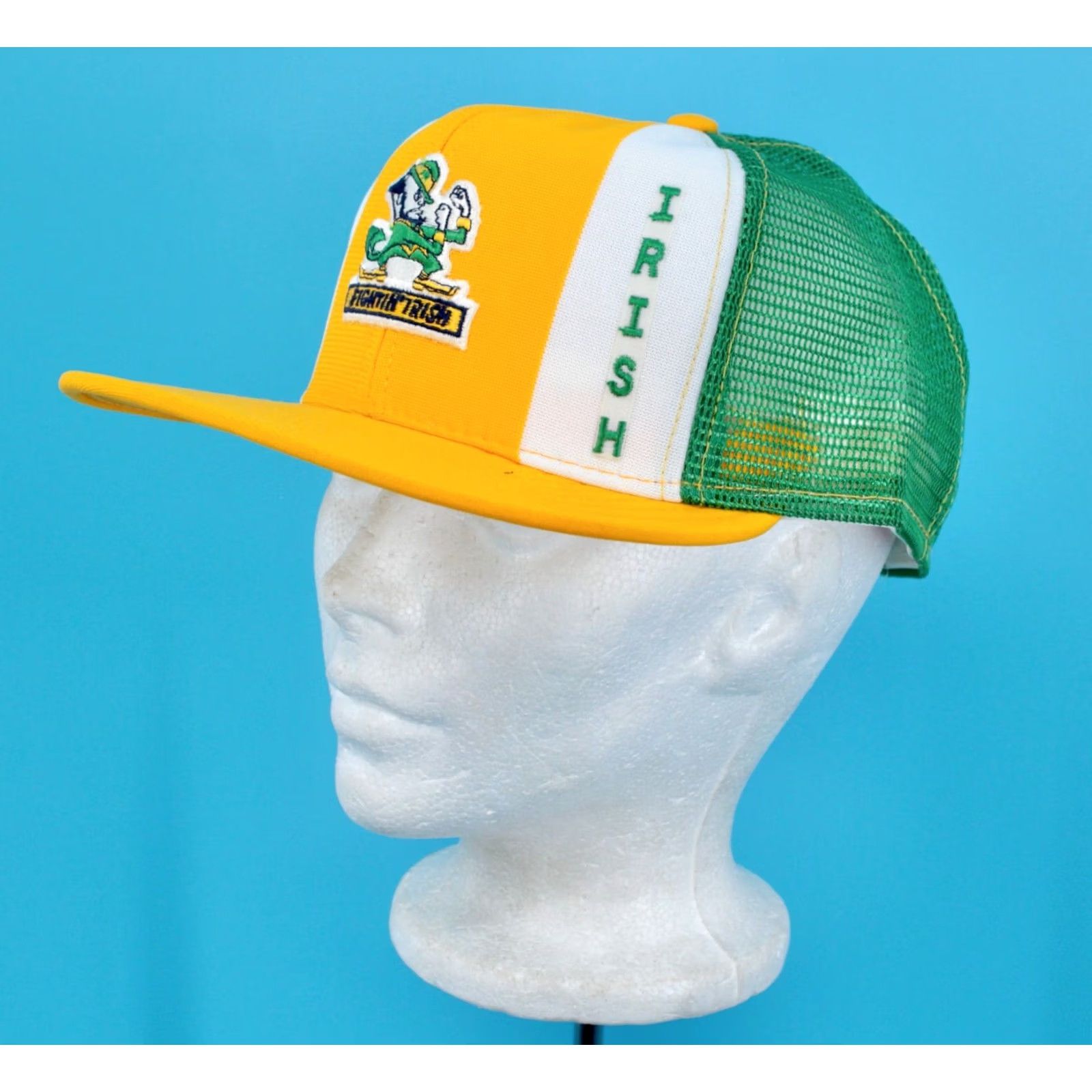 Vintage AJD VTG 1980s Fightin Irish Lucky Stripes Snapback Hat Sz L, Yellow, Mesh, Adjustable, Original Cap, 80s NFL Football Style Womens Size ONE SIZE - 2 Thumbnail
