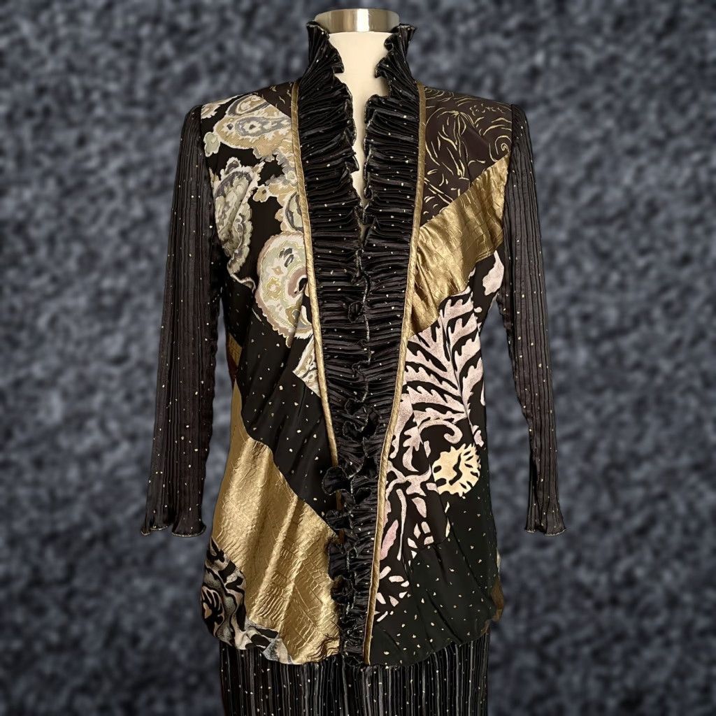 Vintage VINTAGE Jeanne Marc Collection Pleated Drop Waist Dress Ruffle Blk Gold XS 4/6 Long Sleeve Women Girls Size 26" / US 2 / IT 38 - 1 Thumbnail