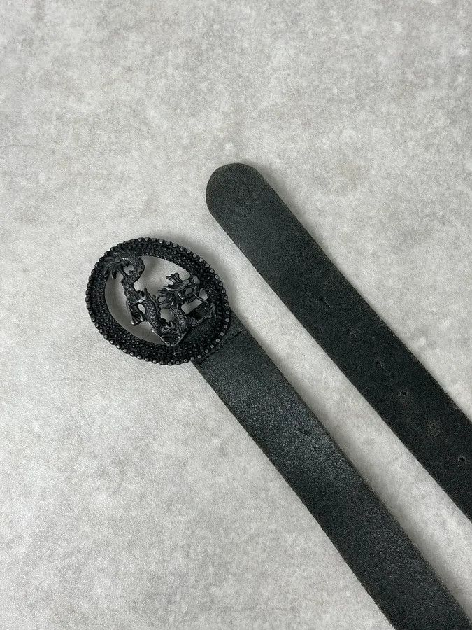 Roberto Cavalli 2000s Cavalli Asian Dragon Buckle Eroded Black Leather Belt Size ONE SIZE - 3 Thumbnail