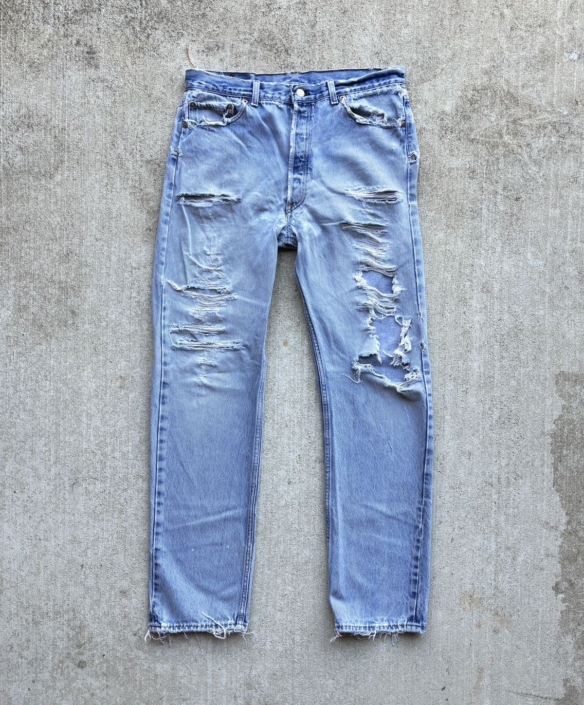 image of 90’S Levi’S 501 Blue Distressed Denim Pants 34 in Blue Denim, Men's