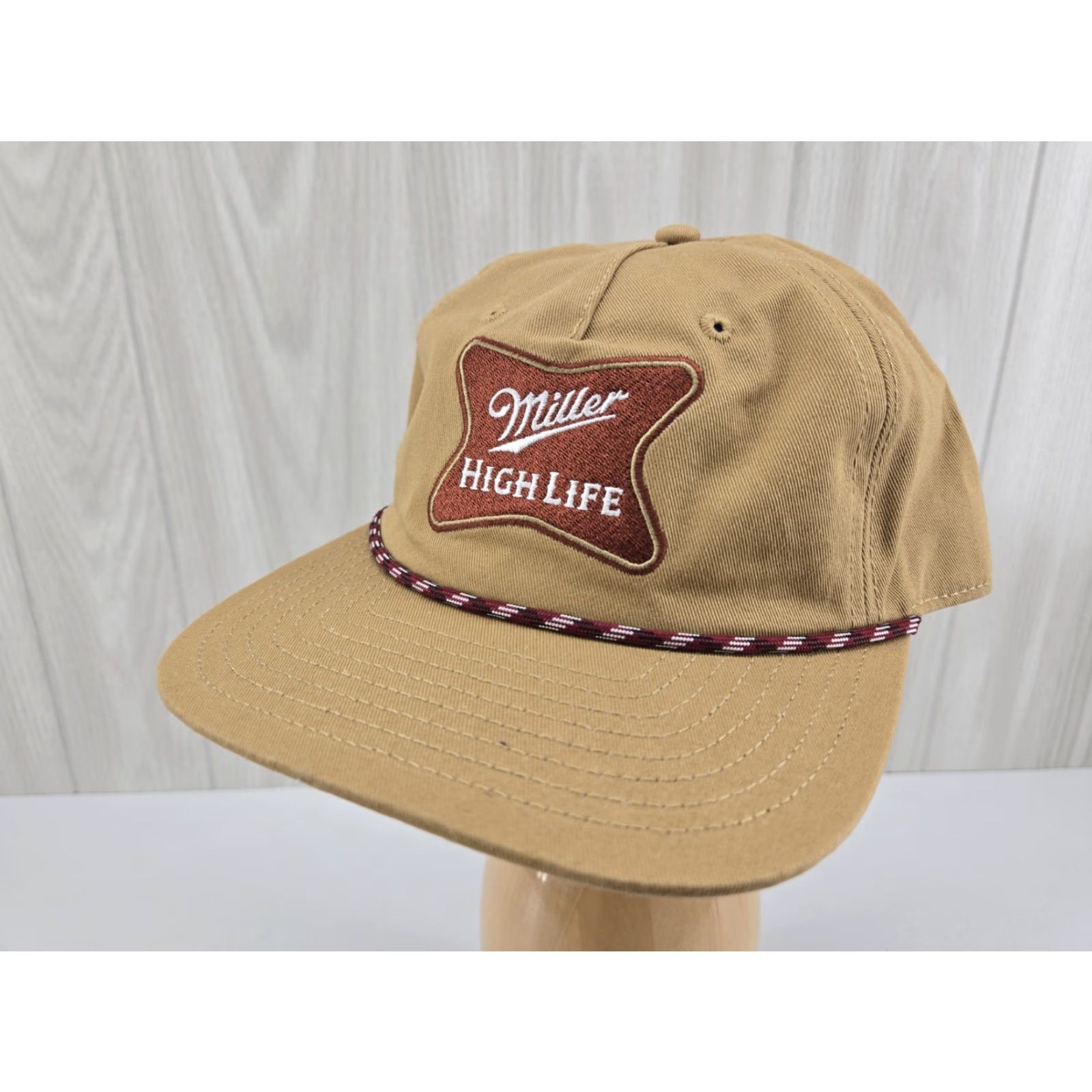 Vintage Miller High Life Hat Cap Snap Back Brown Khaki Rope Trucker Logo Beer Adult Mens Mens Cap Hat Time 80s Retro Size ONE SIZE - 2 Thumbnail