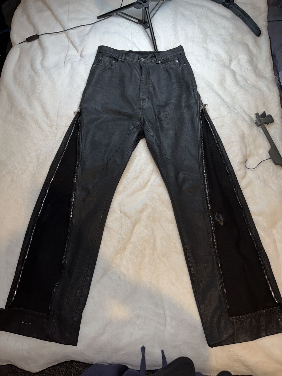 Rick Owens heavy waxed denim full zip jeans