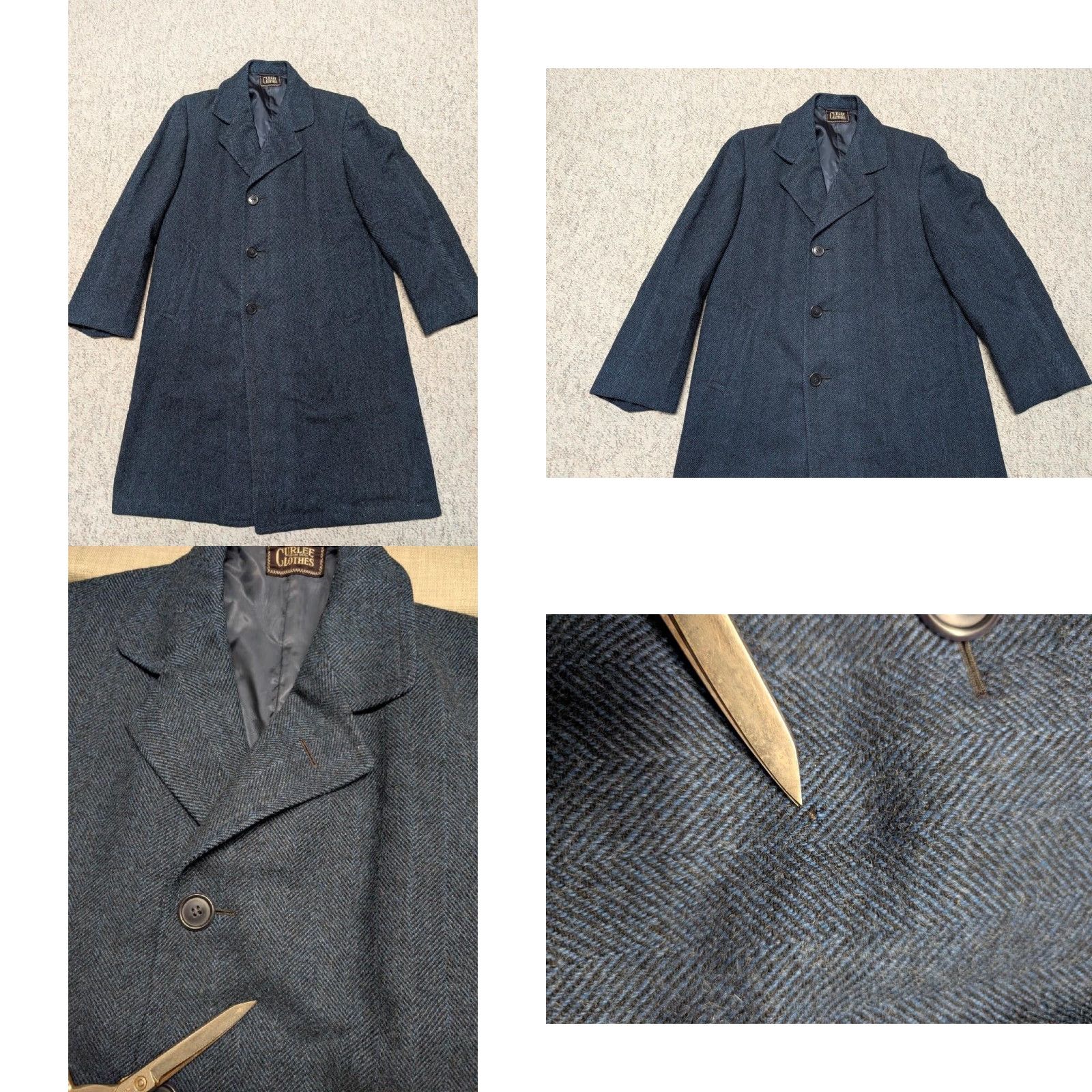 Vintage VINTAGE Curlee Overcoat Coat Mens 44R Blue Tweed Herringbone Donegal Irish Wool 1950s - (adjusted) Size US L / EU 52-54 / 3 - 9 Thumbnail