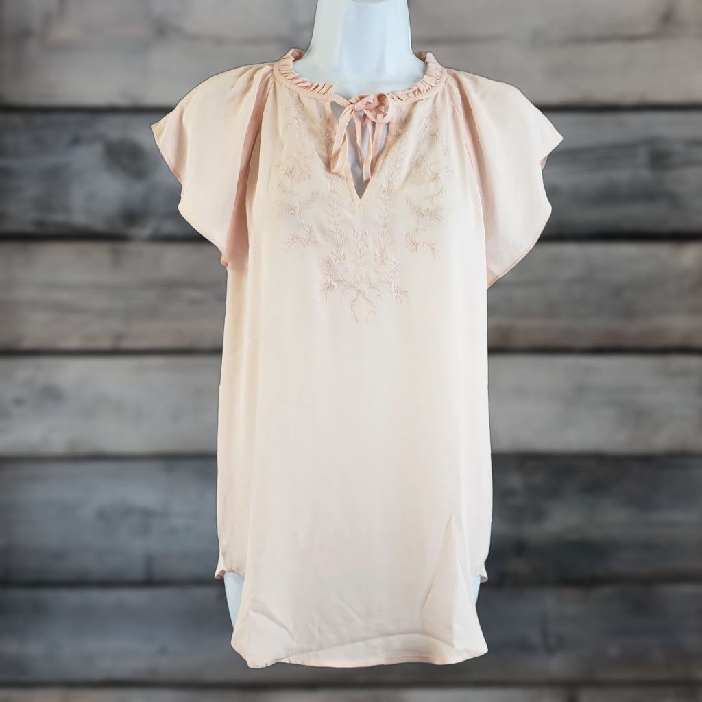 Loft Ann Taylor LOFT Blouse Womens XS Pink Embroidered Tie Neck Short Sleeve Size XS / US 0-2 / IT 36-38 - 1 Thumbnail