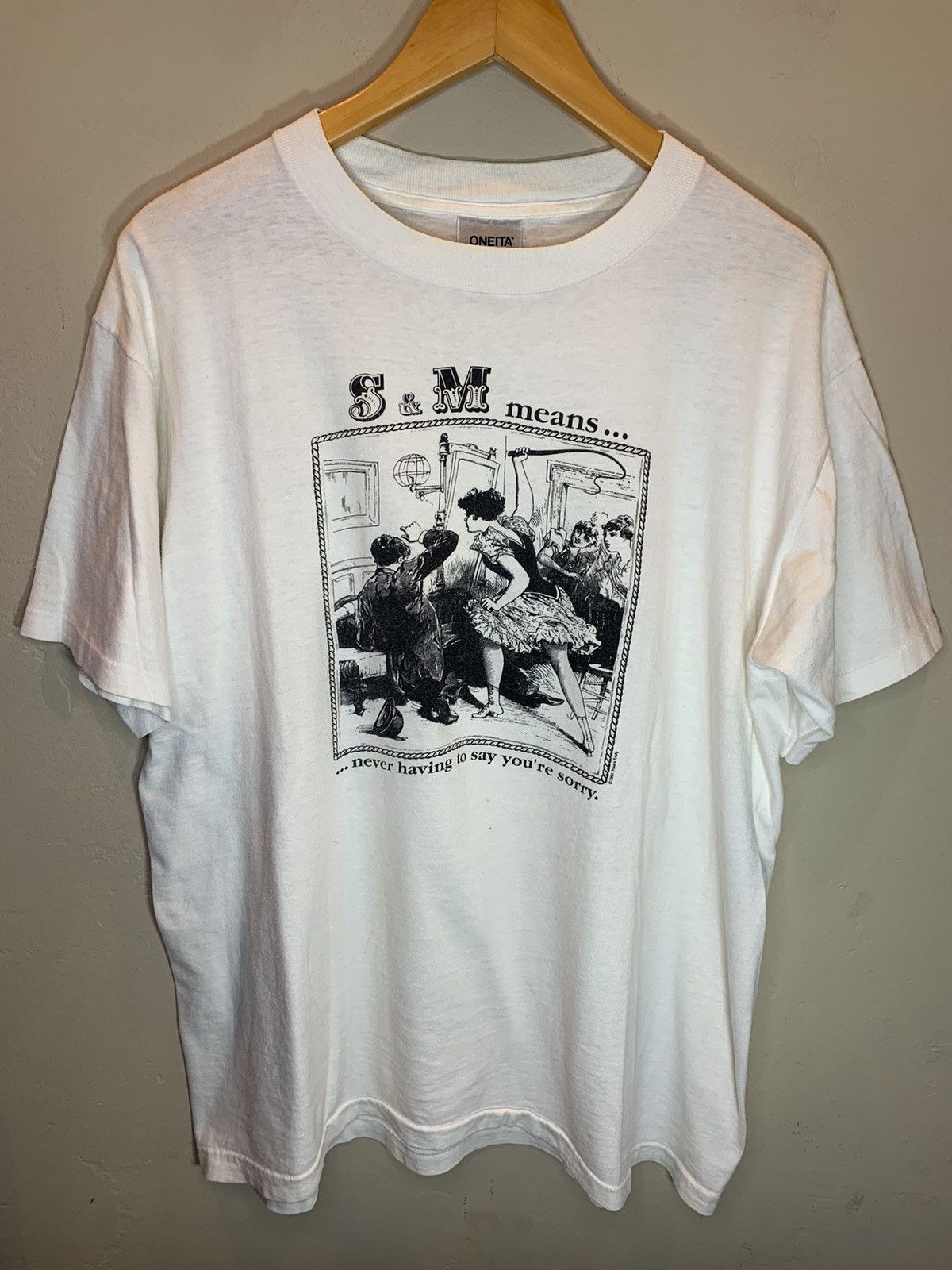 Vintage RARE* Vintage 1991 S&M Means Never Having To Say Sorry Shirt Size US XL / EU 56 / 4 - 1 Thumbnail