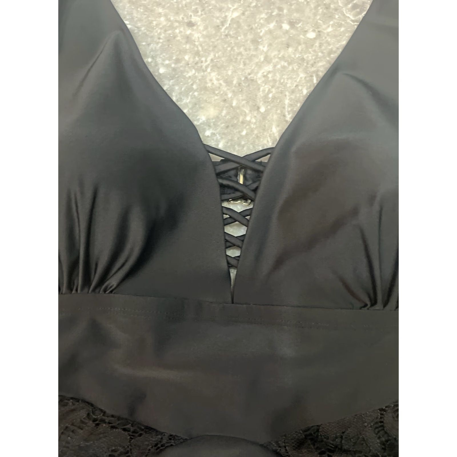 Vintage Terra & Sky Women’s One Piece Swimsuit Lace Cut-out Black 16 16W 18W Tank Built-in Cups Adjustable Straps 90s Palm Womens Size ONE SIZE - 3 Thumbnail