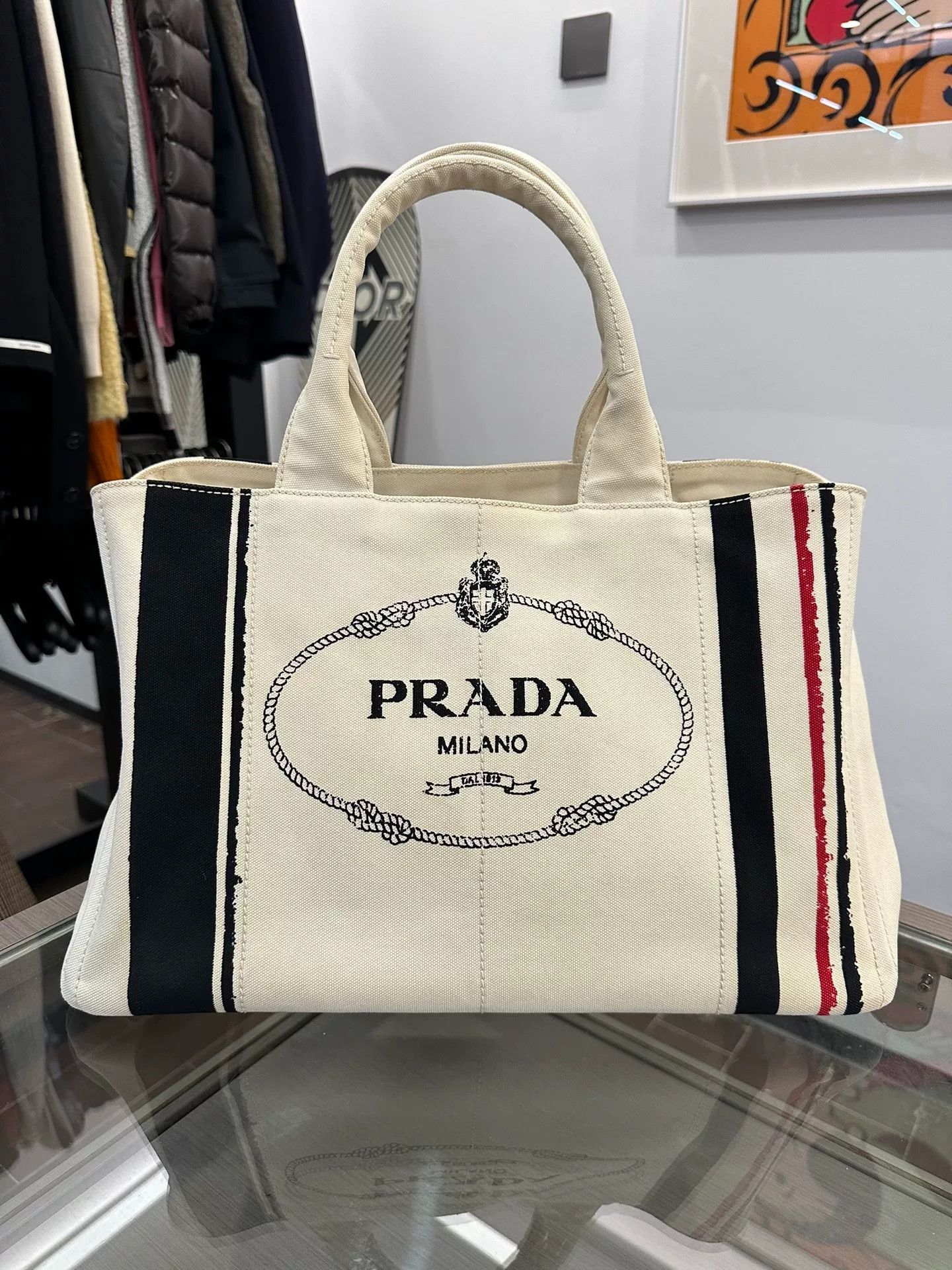 Prada Prada Side Triangle Logo White Striped Canvas Tote Size ONE SIZE - 1 Thumbnail