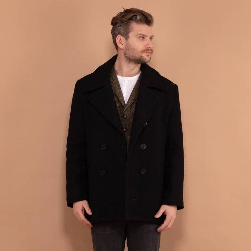 image of Vintage 90's Men Wool Peacoat In Black (Size Medium)