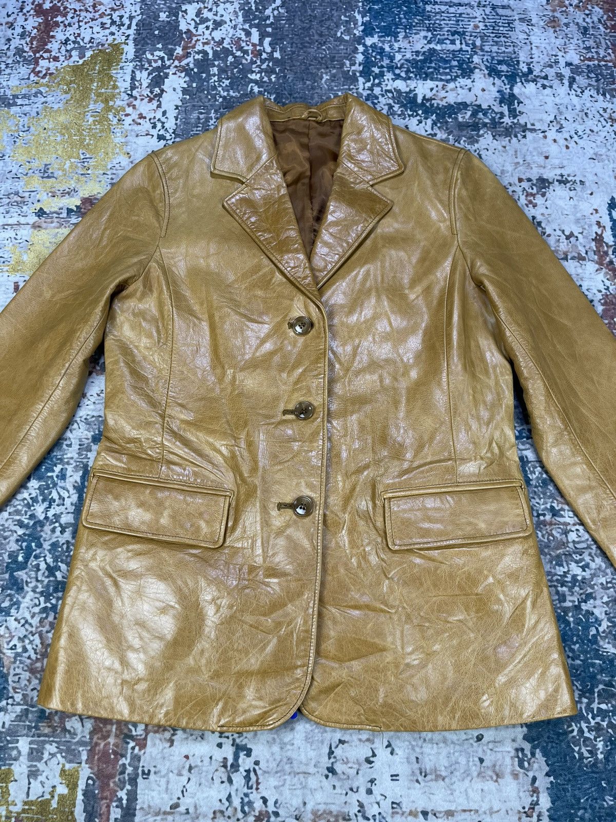 Japanese Brand Pour La Frime Butterscotch Buffalo Hide Leather Blazer Size XS / US 0-2 / IT 36-38 - 2 Thumbnail