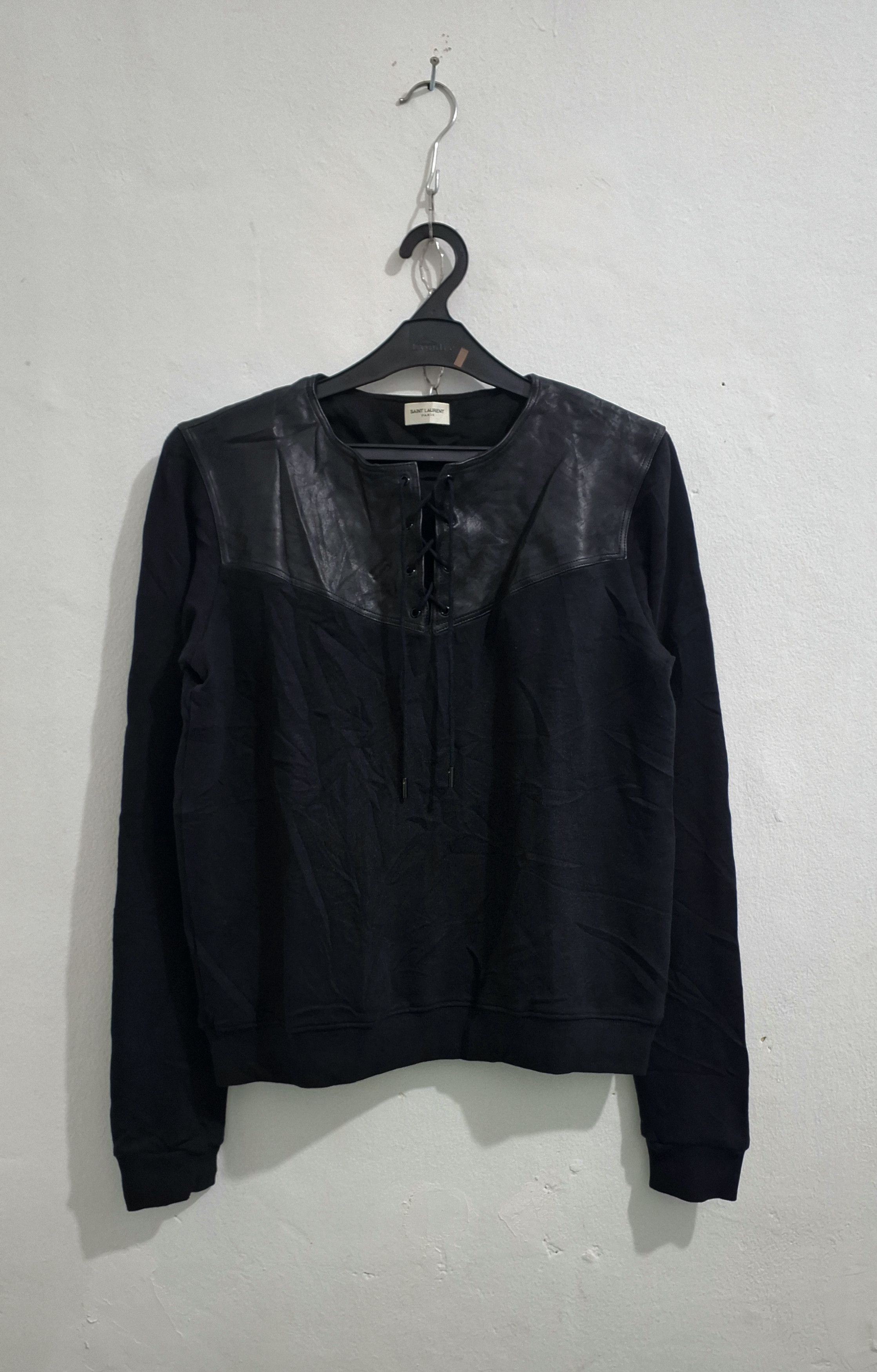 Saint Laurent Paris Saint Laurent Black Leather Panelled Crewneck Sweatshirt Size US L / EU 52-54 / 3 - 1 Thumbnail