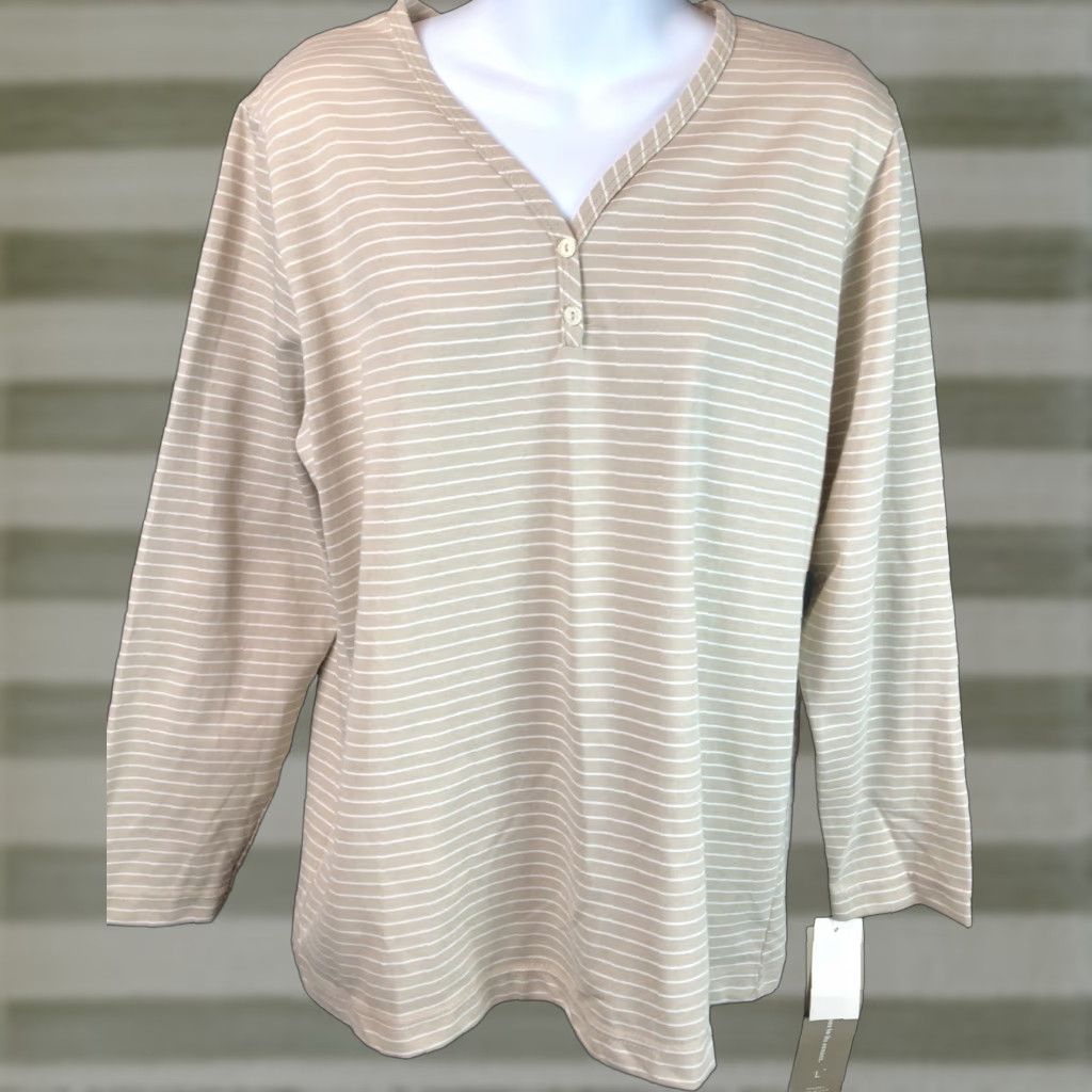 Vintage Nwt Season Ticket Jersey Top Shirt L Tan/white Stripe V-neck Long Sleeves Size L / US 10 / IT 46 - 1 Thumbnail