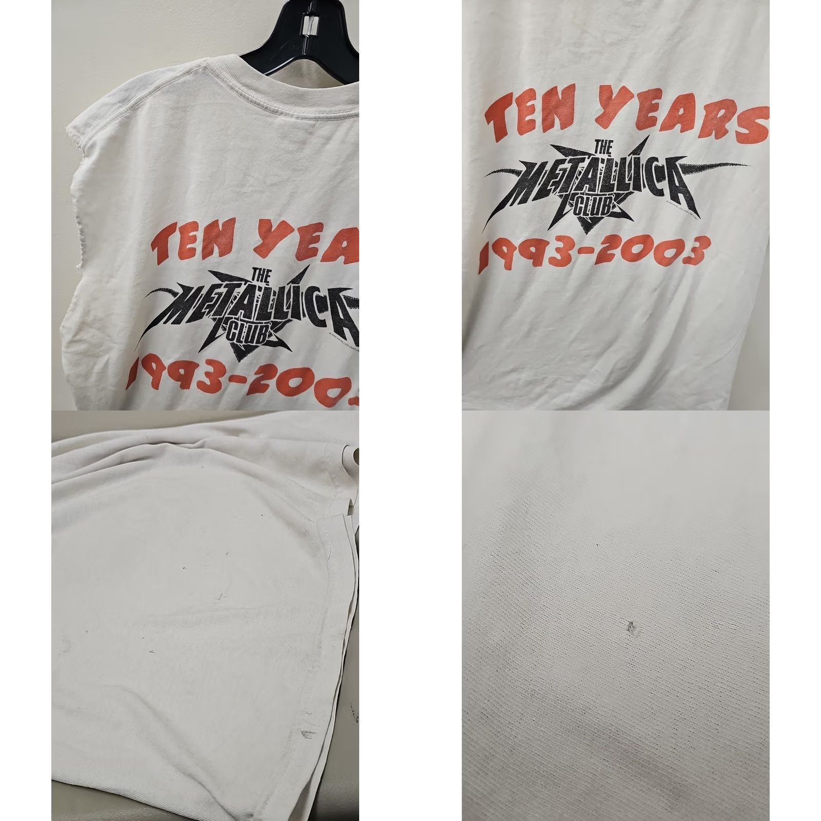 Gildan Metallica T-Shirt - MetClub 2003 - Club 'Em All - Large Mens Short Sleeve White Cotton Logo Thrashed Status: Distressed with Chopped Sleeves Size US L / EU 52-54 / 3 - 9 Thumbnail
