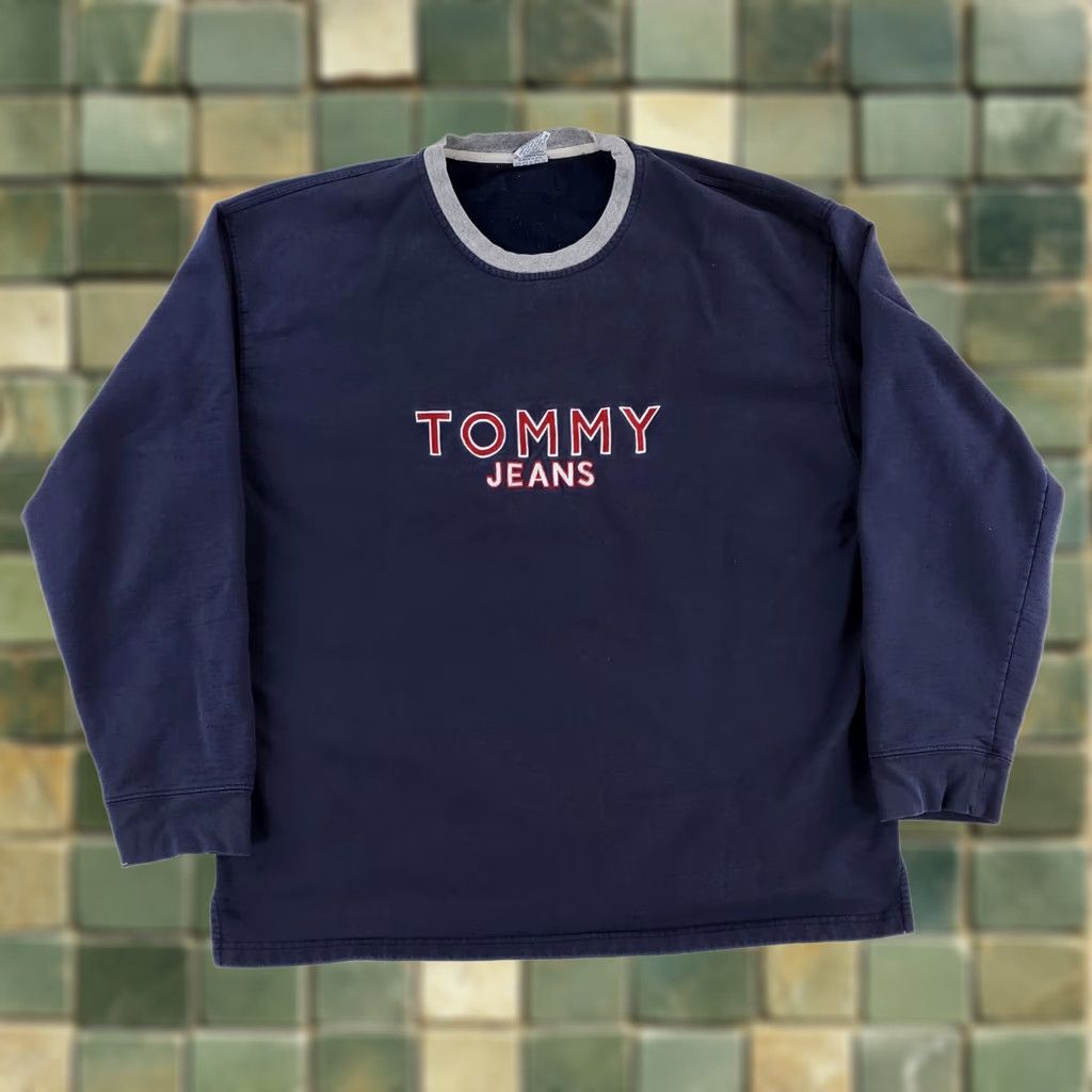 Tommy Hilfiger VINTAGE Tommy Jeans Long Sleeve Sweatshirt Blue Big Center Logo 2XL Mens Y2K Spellout Pullover Size US XXL / EU 58 / 5 - 1 Thumbnail