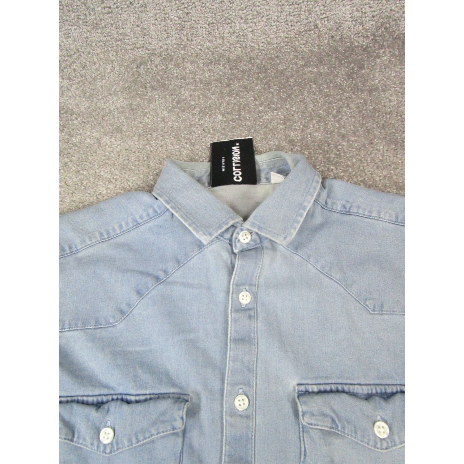 Vintage COLLUSION Shirt Mens S Cotton Denim Button Up Collared Long Sleeve Pockets Blue Vintage: No (adjusted within constraints) Size US S / EU 44-46 / 1 - 2 Thumbnail