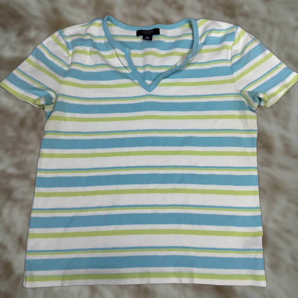 Chaps Chaps Women's Tee Shirt Top White Blue Green M Striped Short Sleeve 100% Cotton T-Shirt Size M / US 6-8 / IT 42-44 - 1 Thumbnail