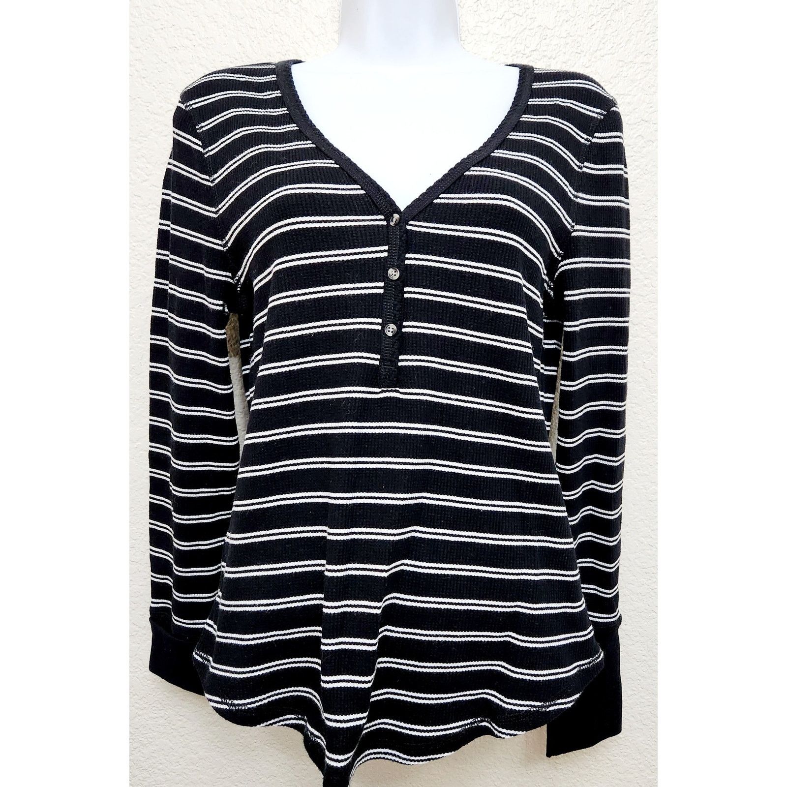 Other Dip Black White Striped Henley Thermal Long Sleeve Top Large Size L / US 10 / IT 46 - 1 Thumbnail