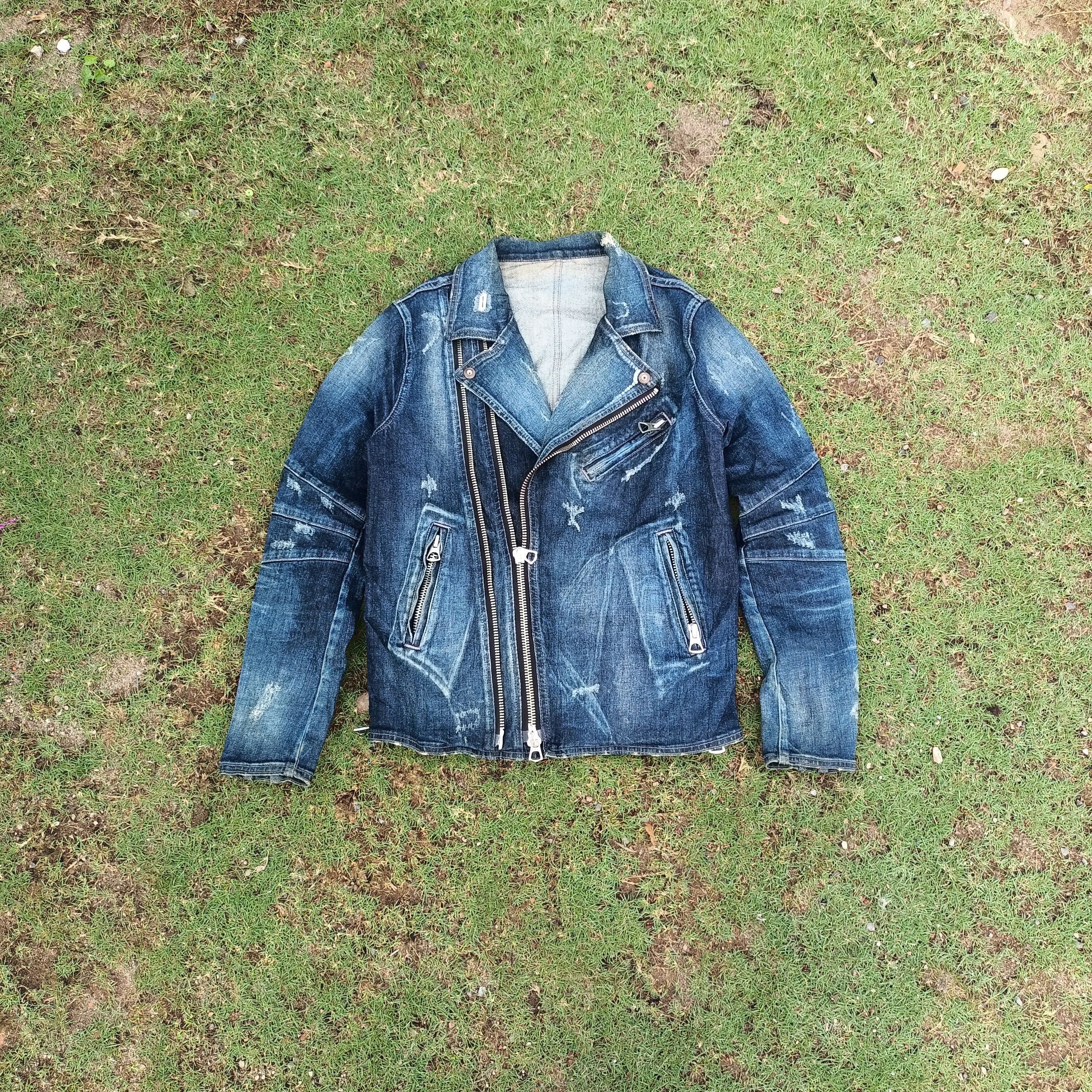 image of Avant Garde x If Six Was Nine Semantic Design Double Collar Distressed Denim Jacket in Blue Wash (S