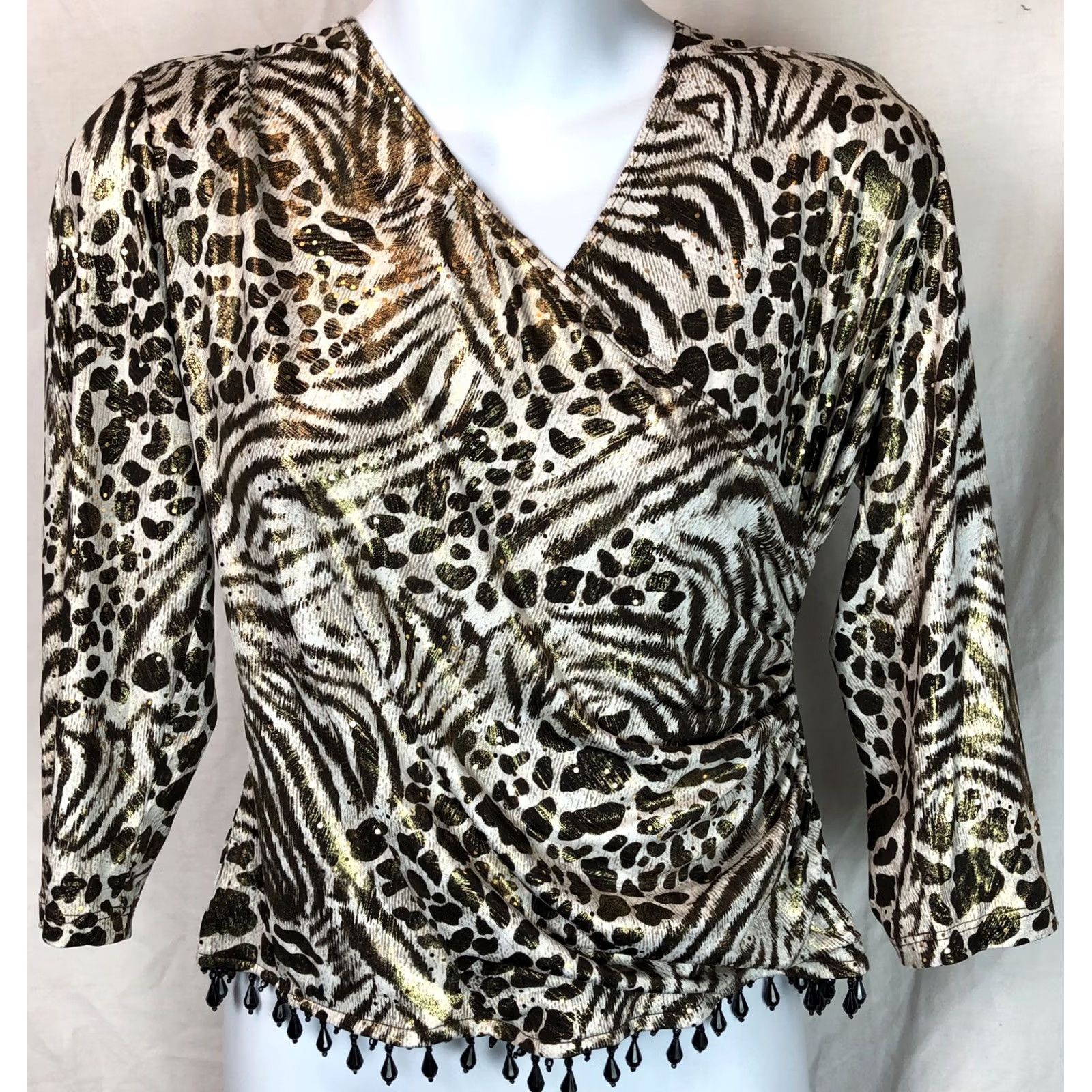 Vintage VINTAGE BFA Blouse PS Ivory/Gold Glitter Animal 3/4 Sleeve Beaded Hem 90s Y2K Womens Size S / US 4 / IT 40 - 5 Thumbnail