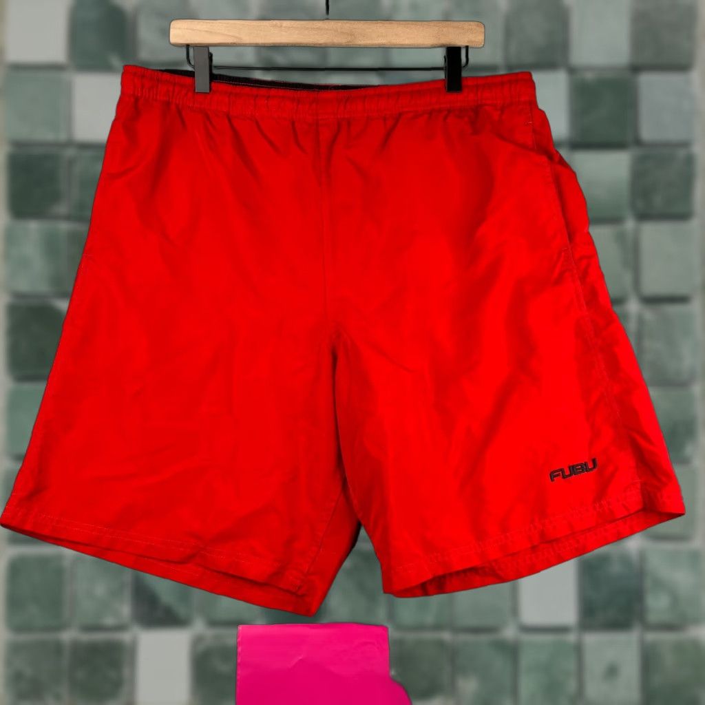 Fubu FUBU Swim Trunks Mens Large Red Solid Pockets Draw String Lined Beach Surfing Size 42R - 1 Thumbnail